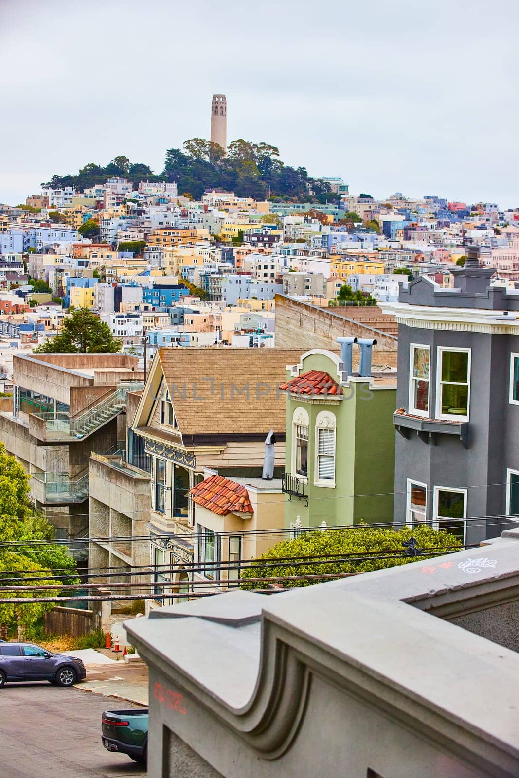 Image of Houses and apartments leading to distant Coit Tower on overcast day