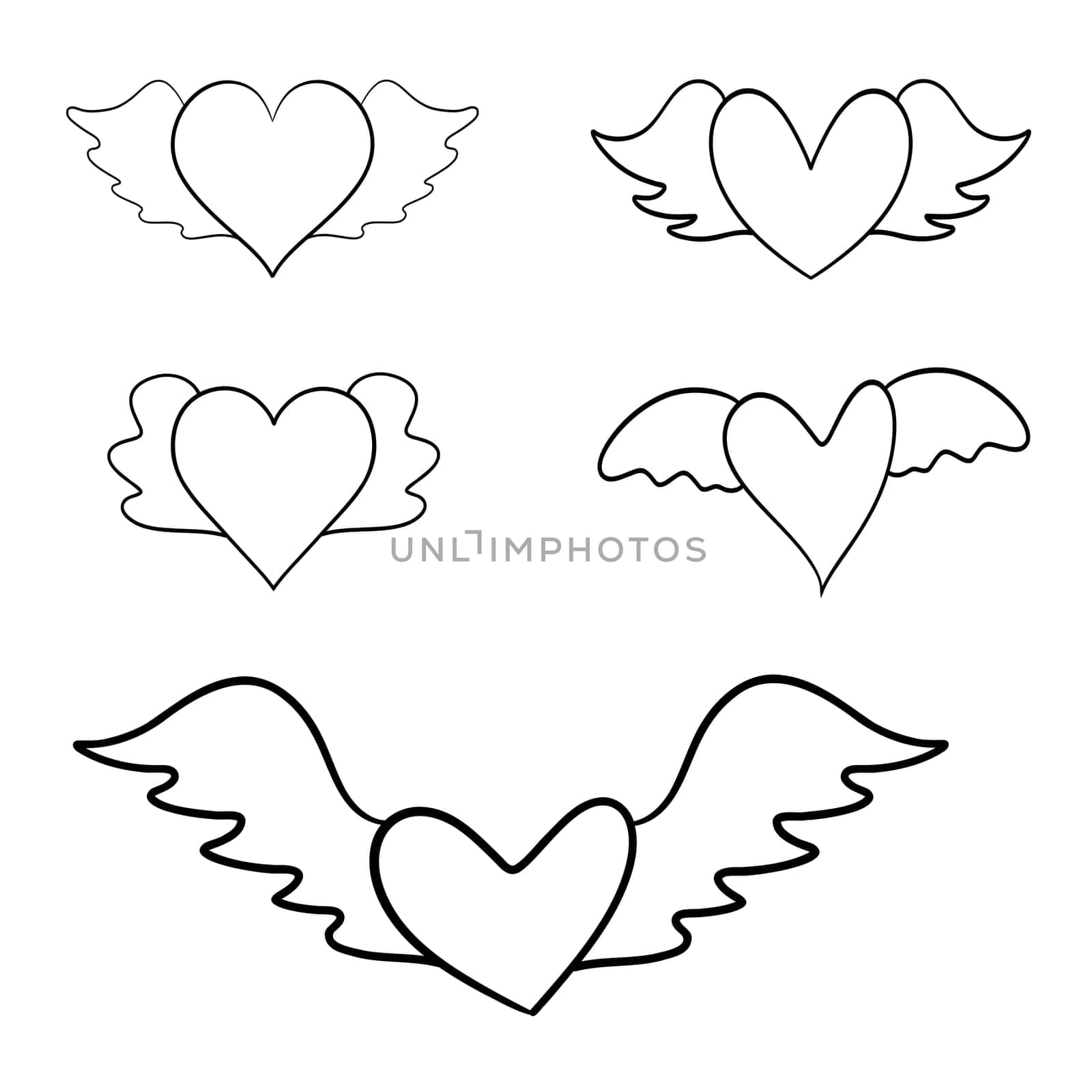 Heart with wings, hand drawn line drawing on white background. Isolated.