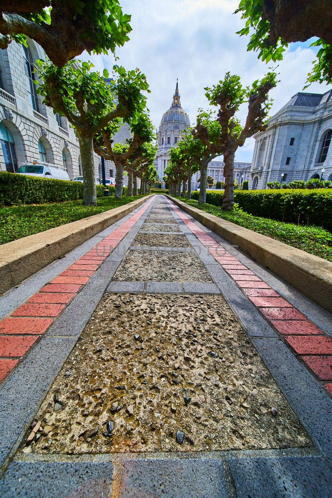 Image of Close up of red and black brick concrete pathway lined by trees in Memorial Court