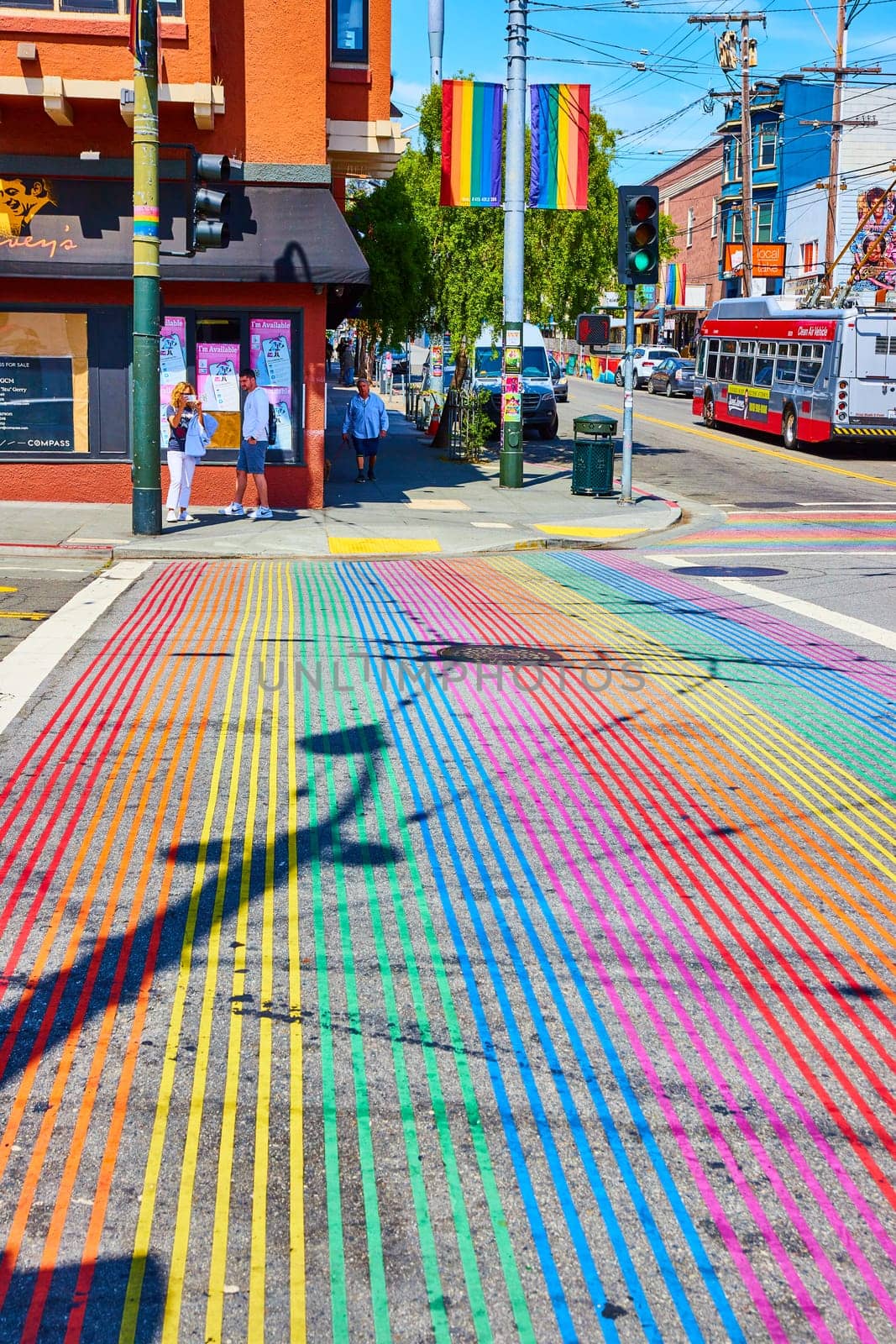 Image of Telephone pole shadow falling across rainbow crosswalk with LGBTQ+ banners