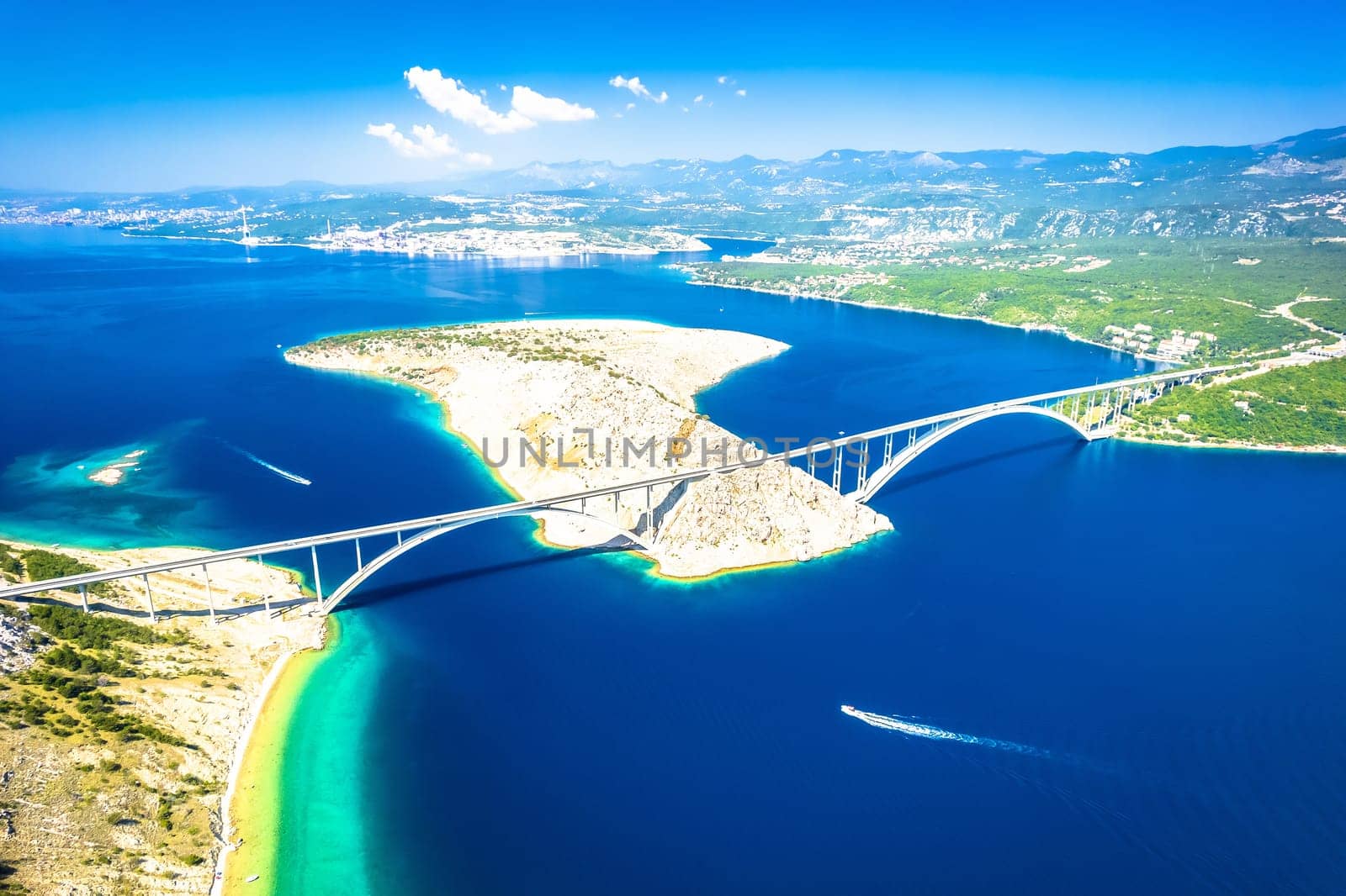 Island of Krk bridge aerial view, archipelago of Croatia
