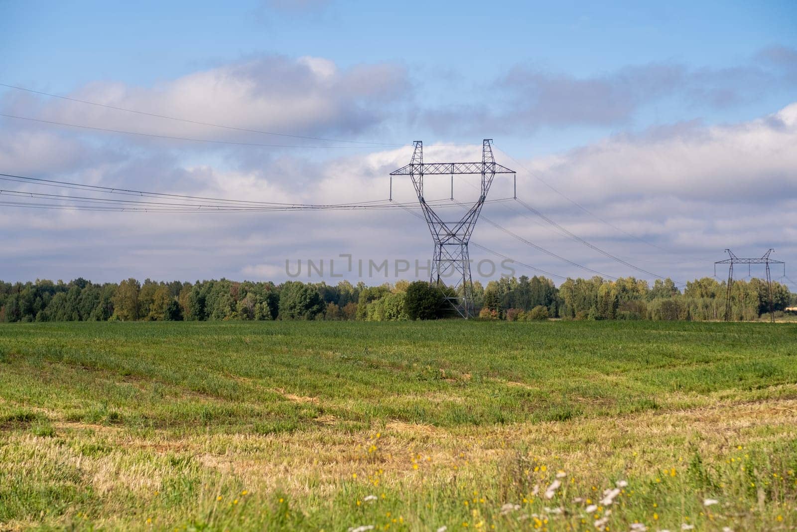Metal poles electric supports for high-voltage wires in the fields by AnatoliiFoto