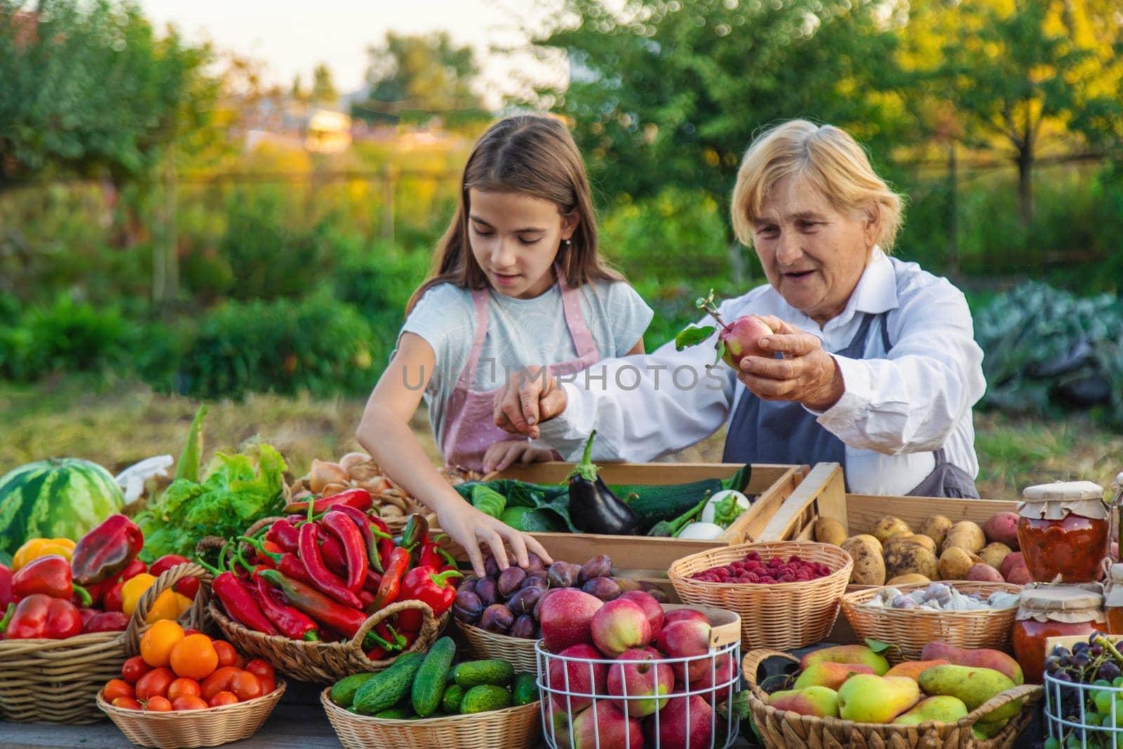 Grandmother and granddaughter sell vegetables and fruits at the farmers market. Selective focus. by yanadjana