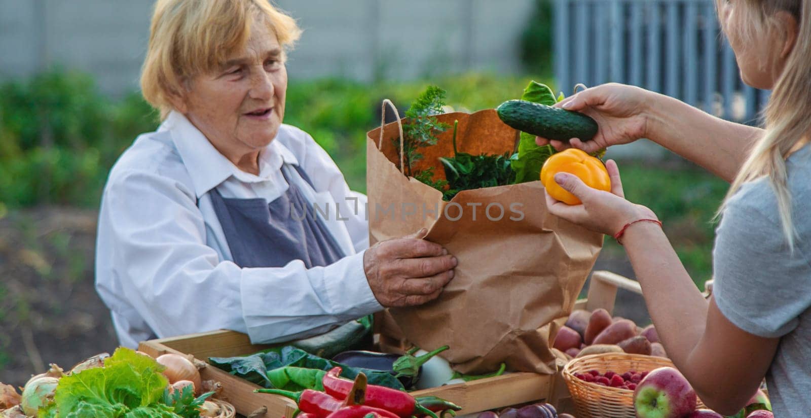 old woman farmer sells vegetables and fruits at the farmers market. Selective focus. food.