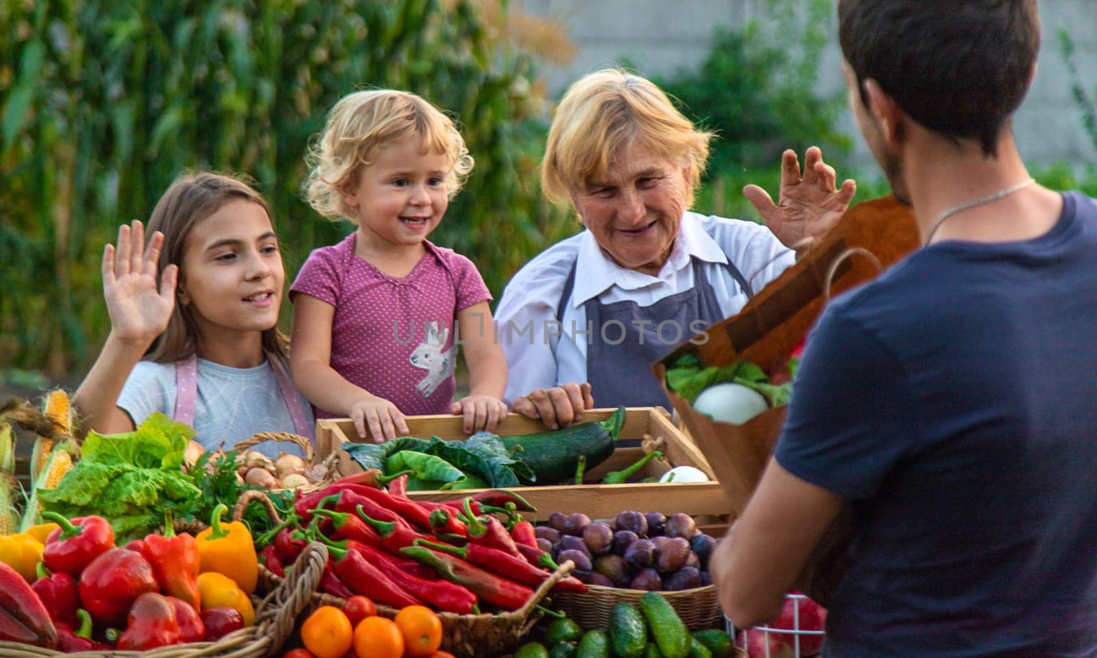 Grandmother and granddaughter sell vegetables and fruits at the farmers market. Selective focus. food.