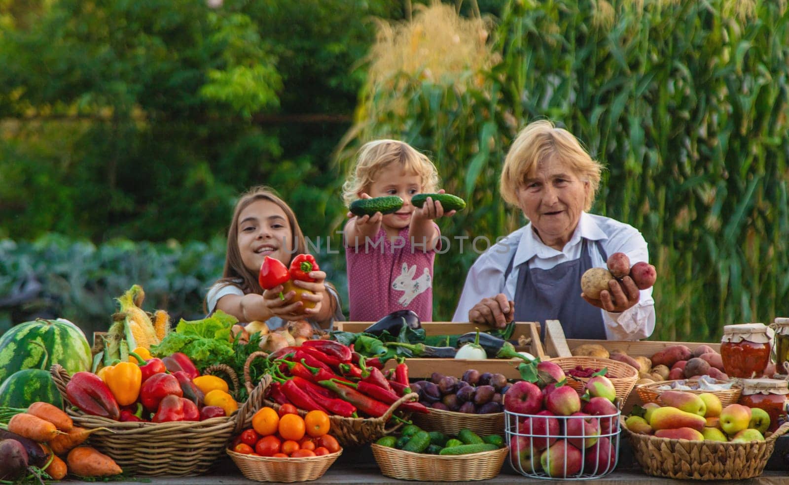 Grandmother and granddaughter sell vegetables and fruits at the farmers market. Selective focus. food.