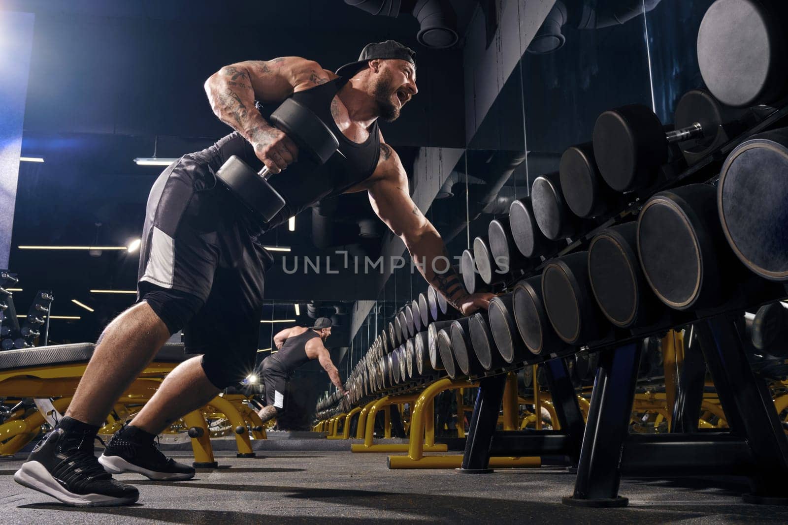 Attractive, tattooed, bearded muscular male in black shorts, vest, cap. Exercising with dumbbells for training triceps, leaning on set of black weights. Dark gym. Sport, fitness. Close up, side view