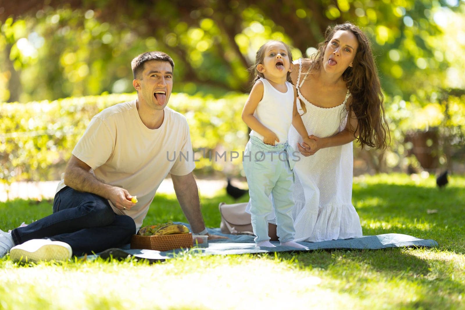Funny family having a picnic in the park - showing their tongue on the camera. Mid shot