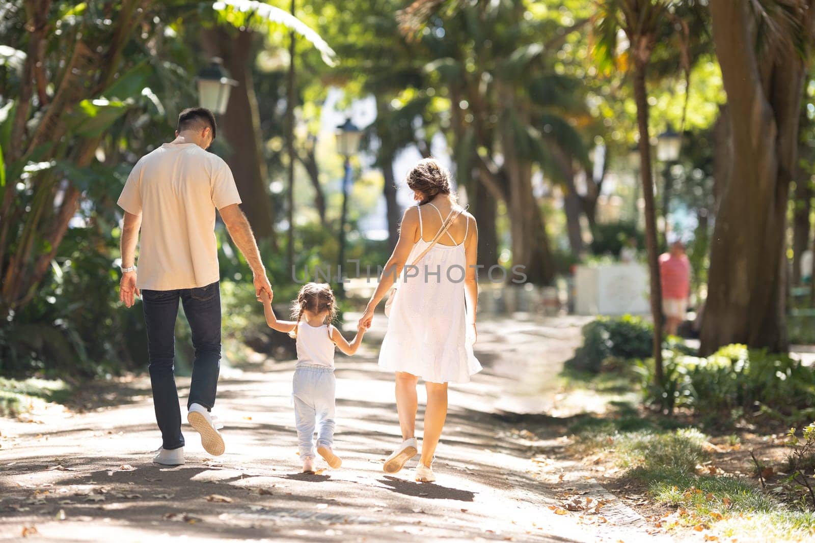 Young happy family walking in a summer park holding hands. Mid shot