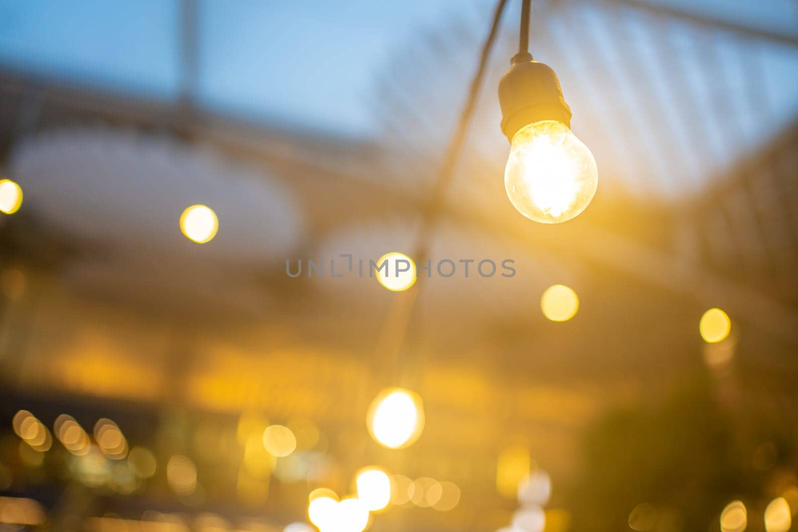 Blurred background, backyard illumination, light in evening garden, electric lanterns with round diffuser. Glowing light bulb garland. Outdoor string lights hanging on line. Bokeh effect