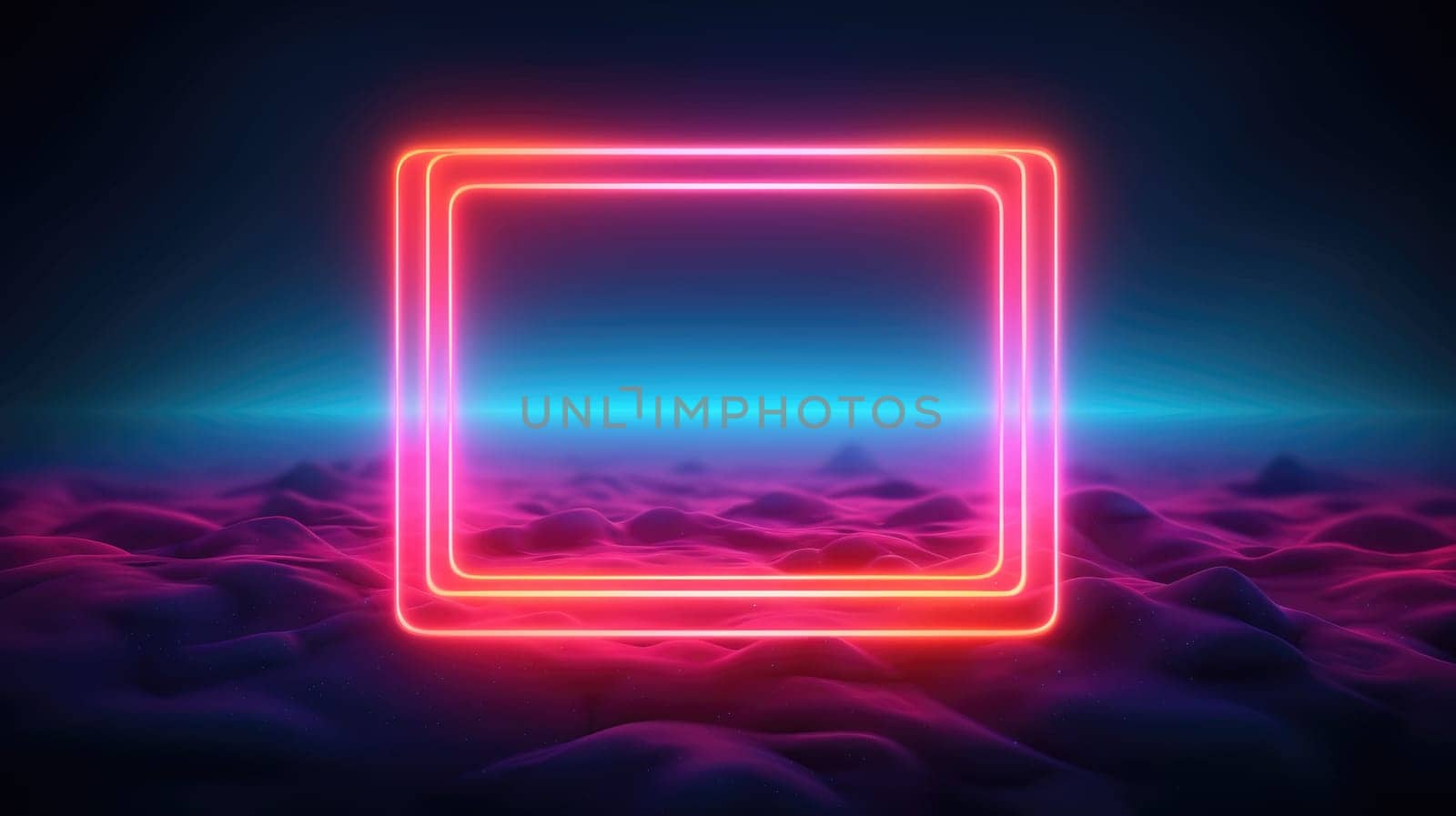 Glowing neon square frame over abstract landscape. Generative AI image weber.