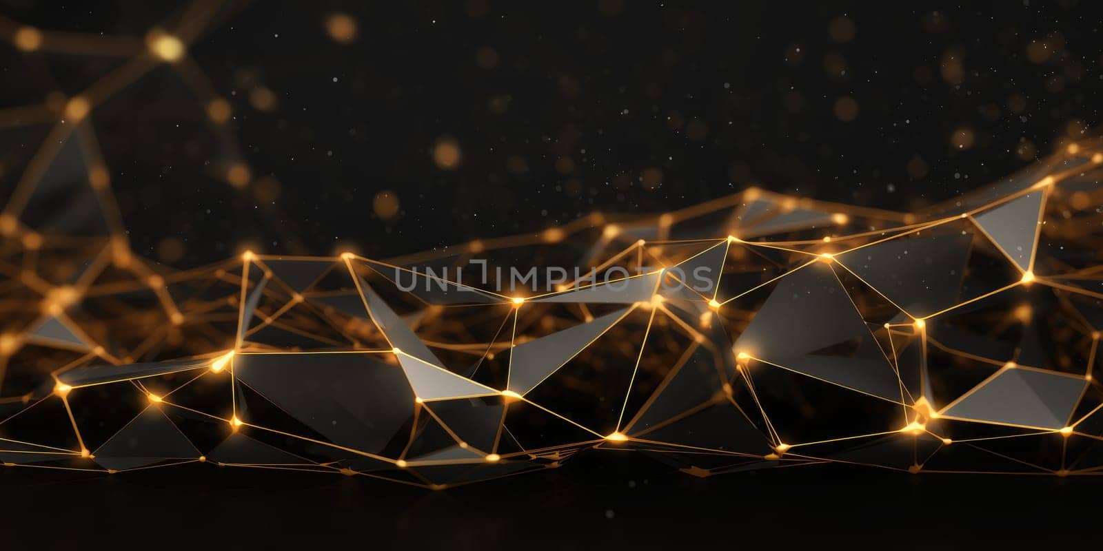 3D network connections with plexus design black and gold color background wallpaper. Generative AI weber. by biancoblue
