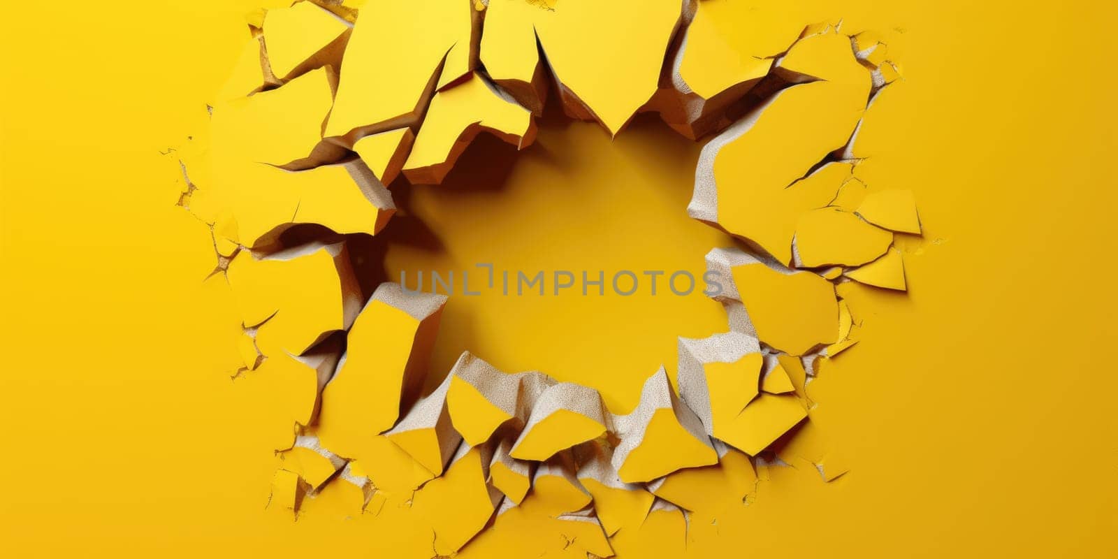 Breaking out of a hole in solid Yellow wall, torn hole, empty copy space frame, mockup. Generative AI weber. by biancoblue