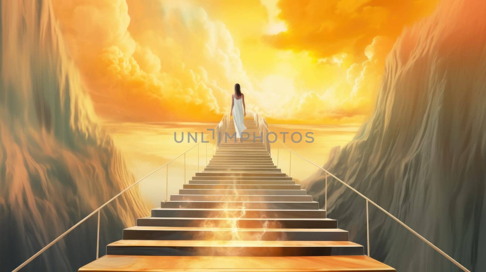 Success choice hope way and freedom concept idea, conceptual painting, fantasy artwork, a woman with surreal stairs. Generative AI image weber.