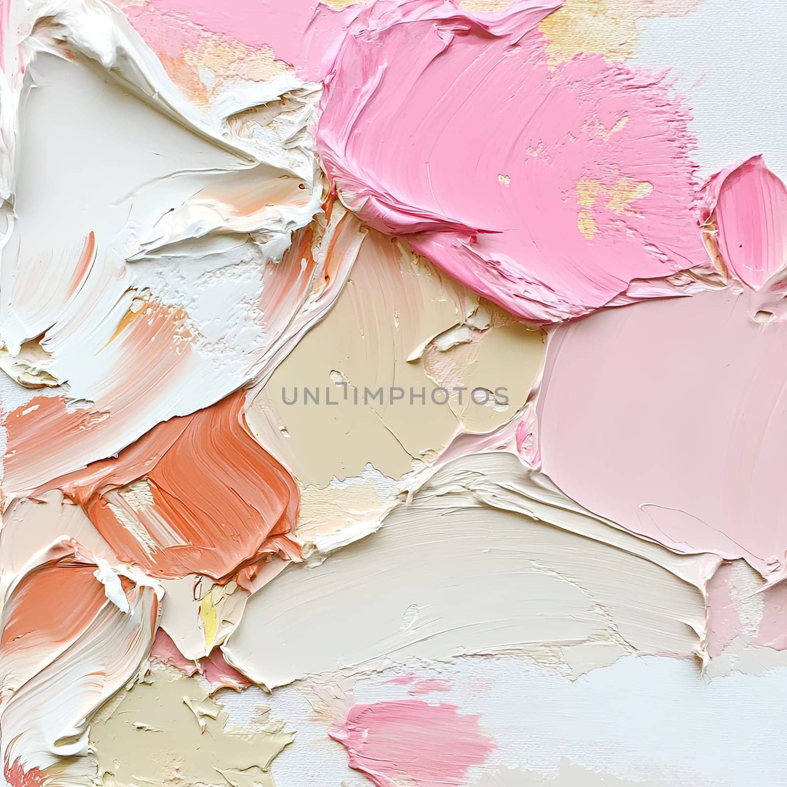 An abstract composition showcases dynamic brush strokes in various shades of pink, beige, and gold, blending together on a white canvas background, creating a modern artistic expression.