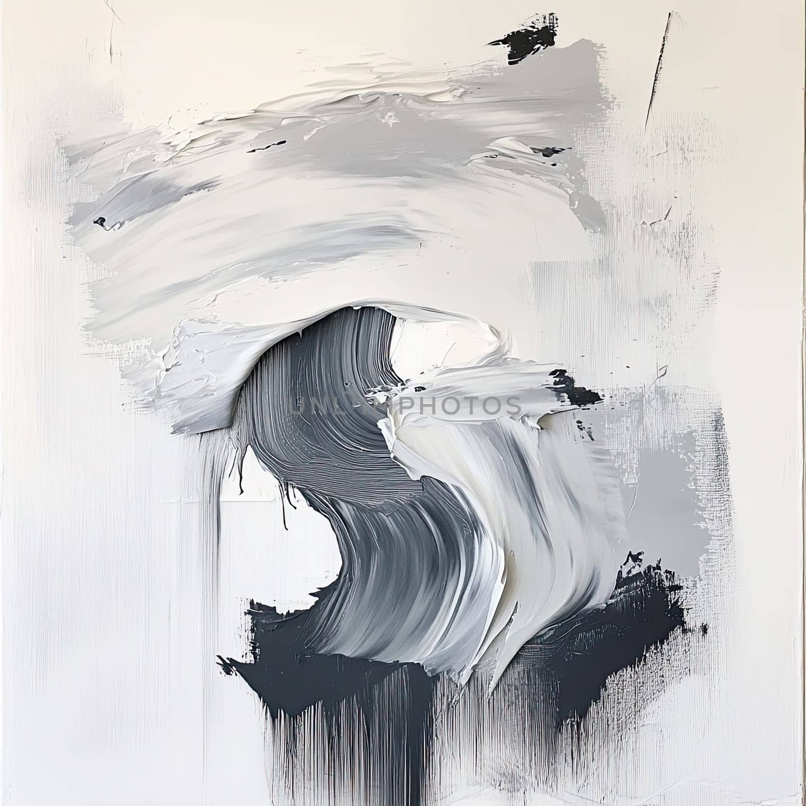 An abstract composition showcases a blend of grey and white tones, characterized by fluid brush strokes and textured layers, creating a sense of movement and artistry.