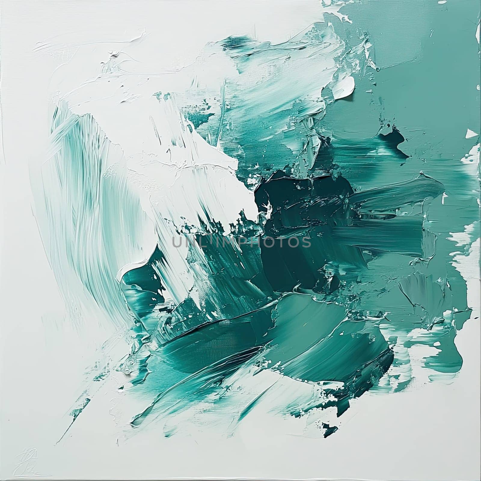 This captivating artwork presents dynamic swirls of teal and white paint, blending harmoniously to create an abstract expression of creativity and emotion in an artist's workspace.