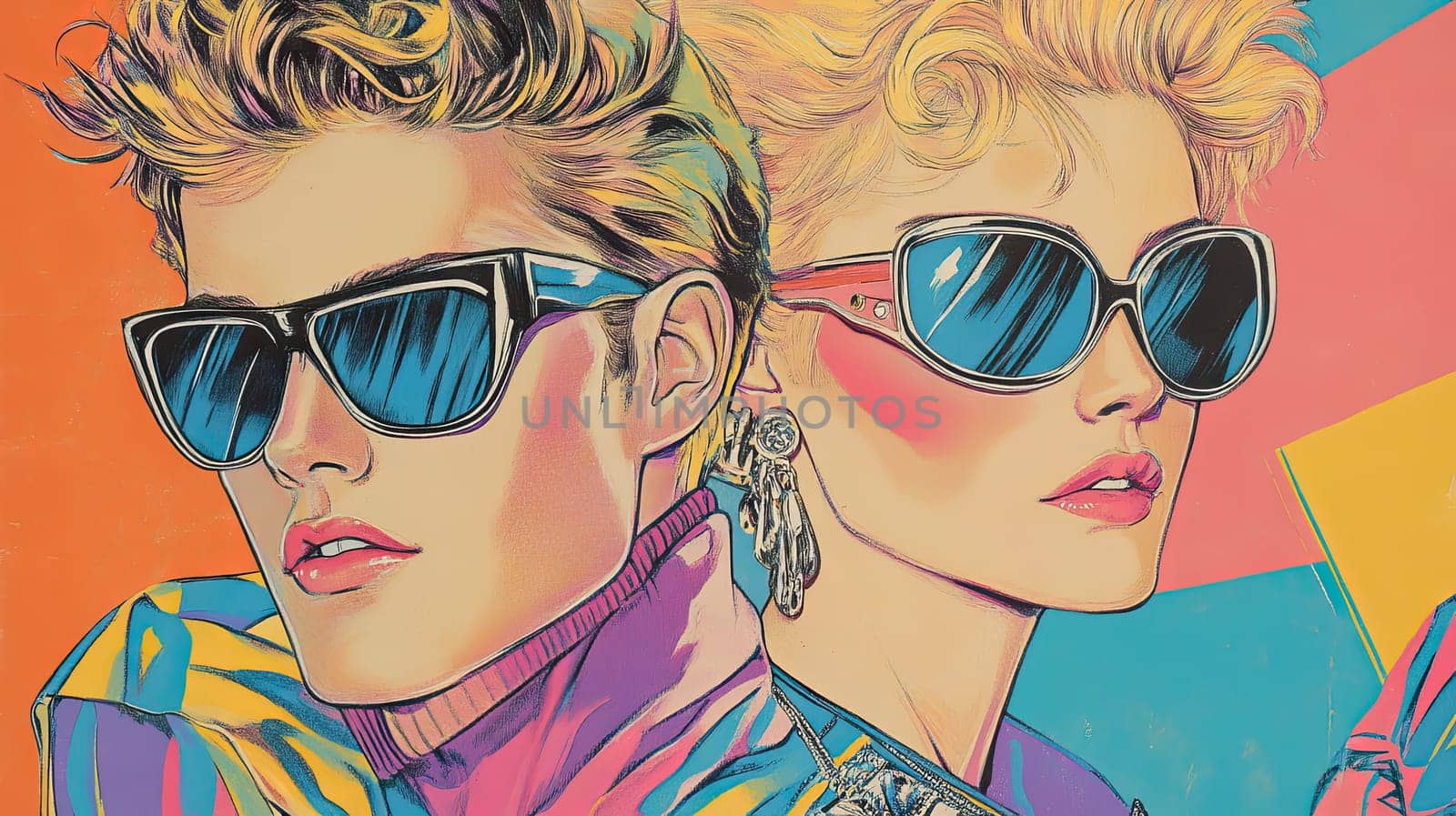 Two fashionable models showcase a striking retro style with colorful outfits and oversized sunglasses set against an eye-catching art background. The vibrant colors enhance their edgy look.