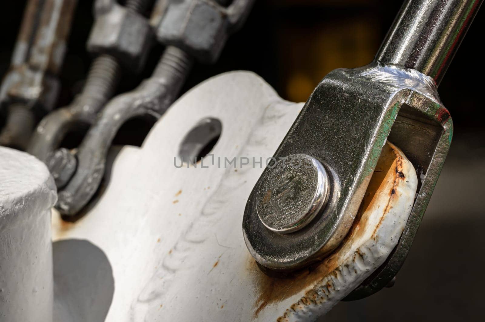 Detail of Open swage socket wire rope (Pendant Lines). Steel turnbuckle, Semi-macro metallic bits, Fastening and Connections concept, Space for text, Selective focus.