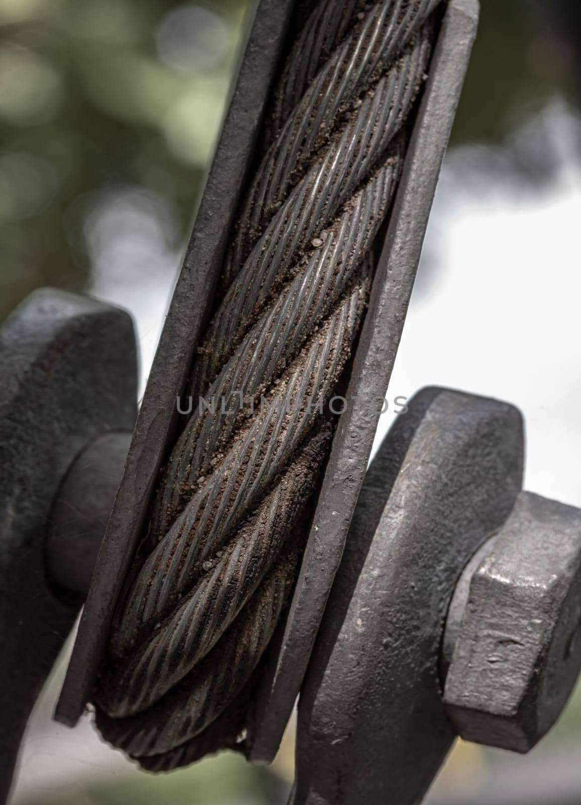 Close-up of Steel wire rope slings with Thimble and safety anchor shackle turnbuckle connection bolt for heavy work. Device for adjusting the tension or length cable, Metal ring and Steel cabling attached to a shackle, Space for text, Selective Focus.