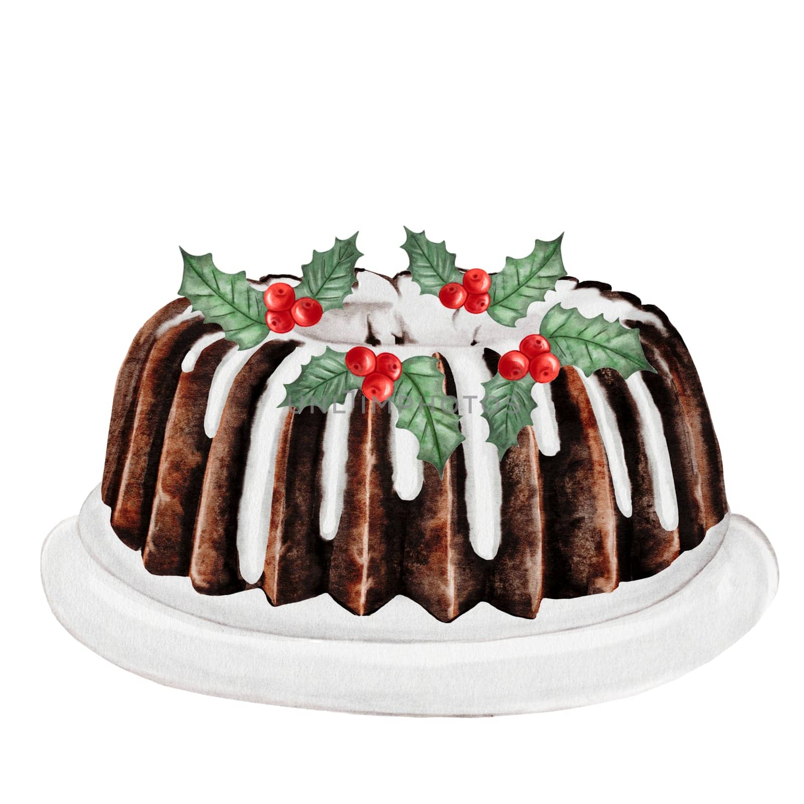 Christmas cake watercolor. Hand drawn traditional holiday cake. Clip art of chocolate pastry on isolated white background. Ideal for cookbook and bakery menu. High quality photo