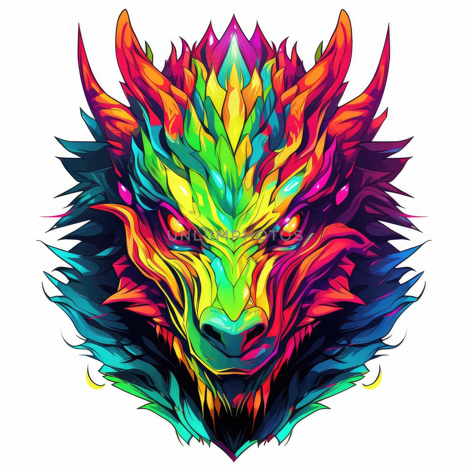 A psychedelic pop art style dragon portrait isolated on white. Graphic Design Element. Template for sticker, poster, t-shirt print, etc.