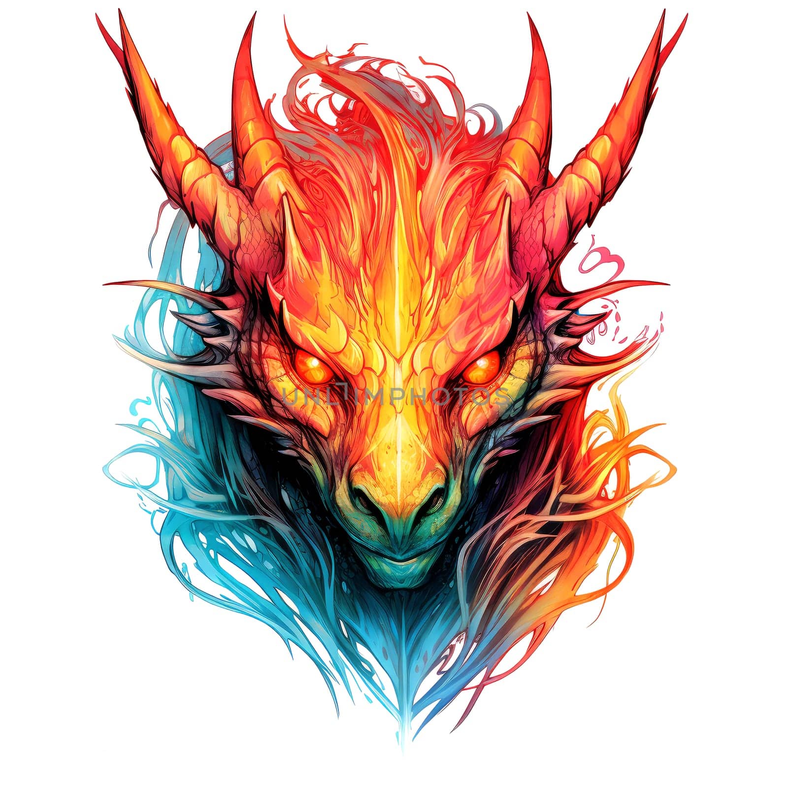 A psychedelic pop art style dragon portrait isolated on white. Graphic Design Element. Template for sticker, poster, t-shirt print, etc.