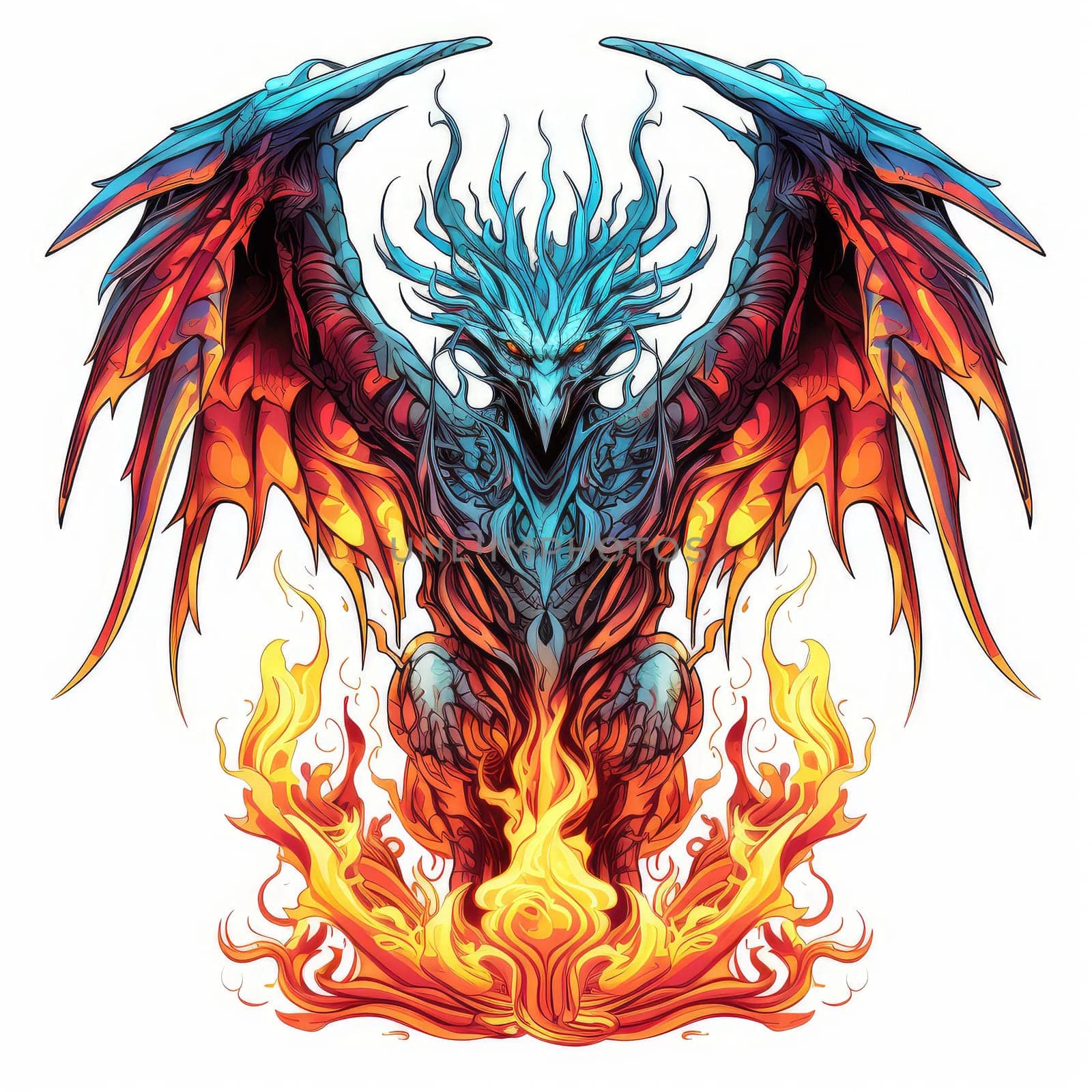 A psychedelic pop art style dragon portrait isolated on white. Graphic Design Element. Template for sticker, poster, t-shirt print, etc.