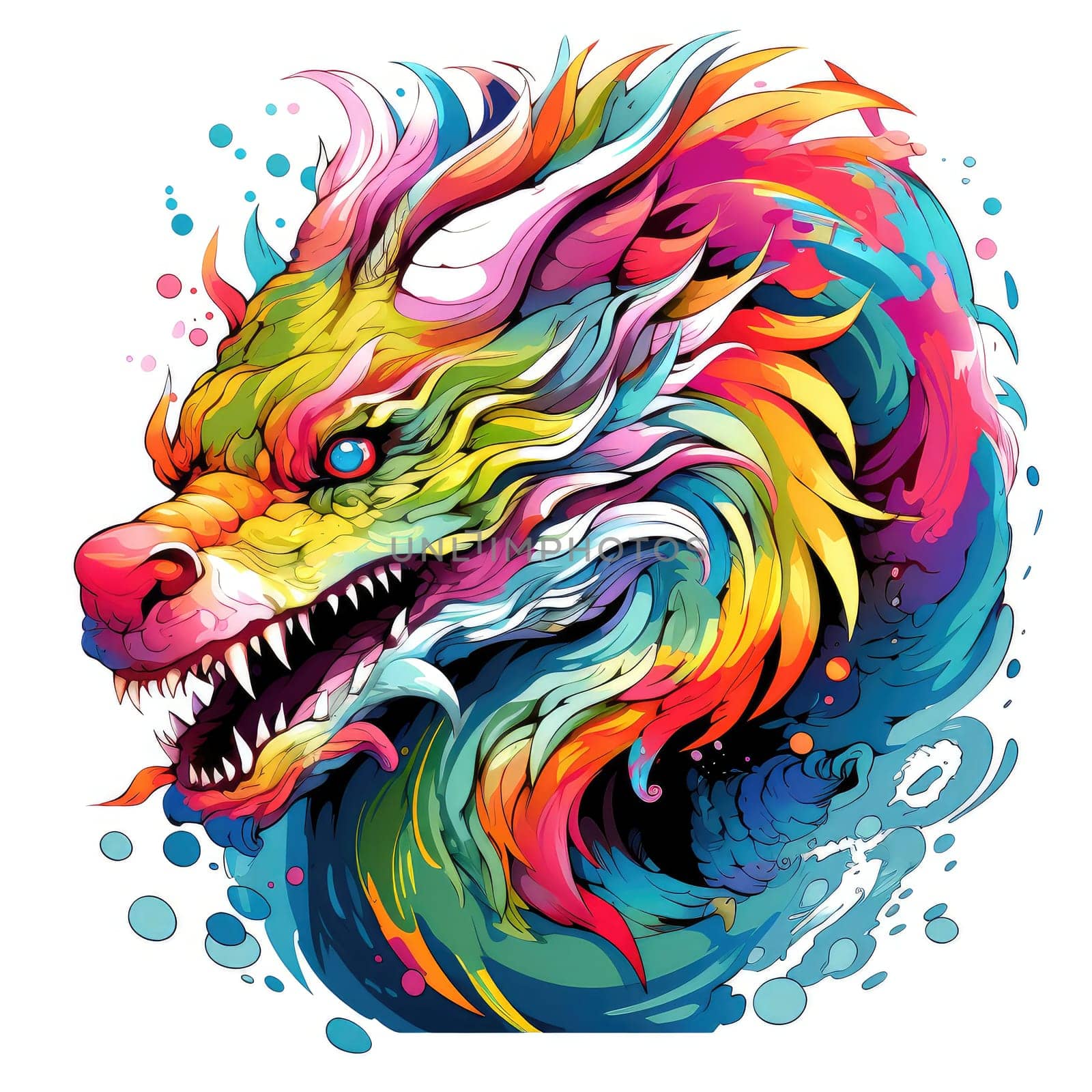 A psychedelic pop art style dragon portrait isolated on white. Graphic Design Element. Template for sticker, poster, t-shirt print, etc.