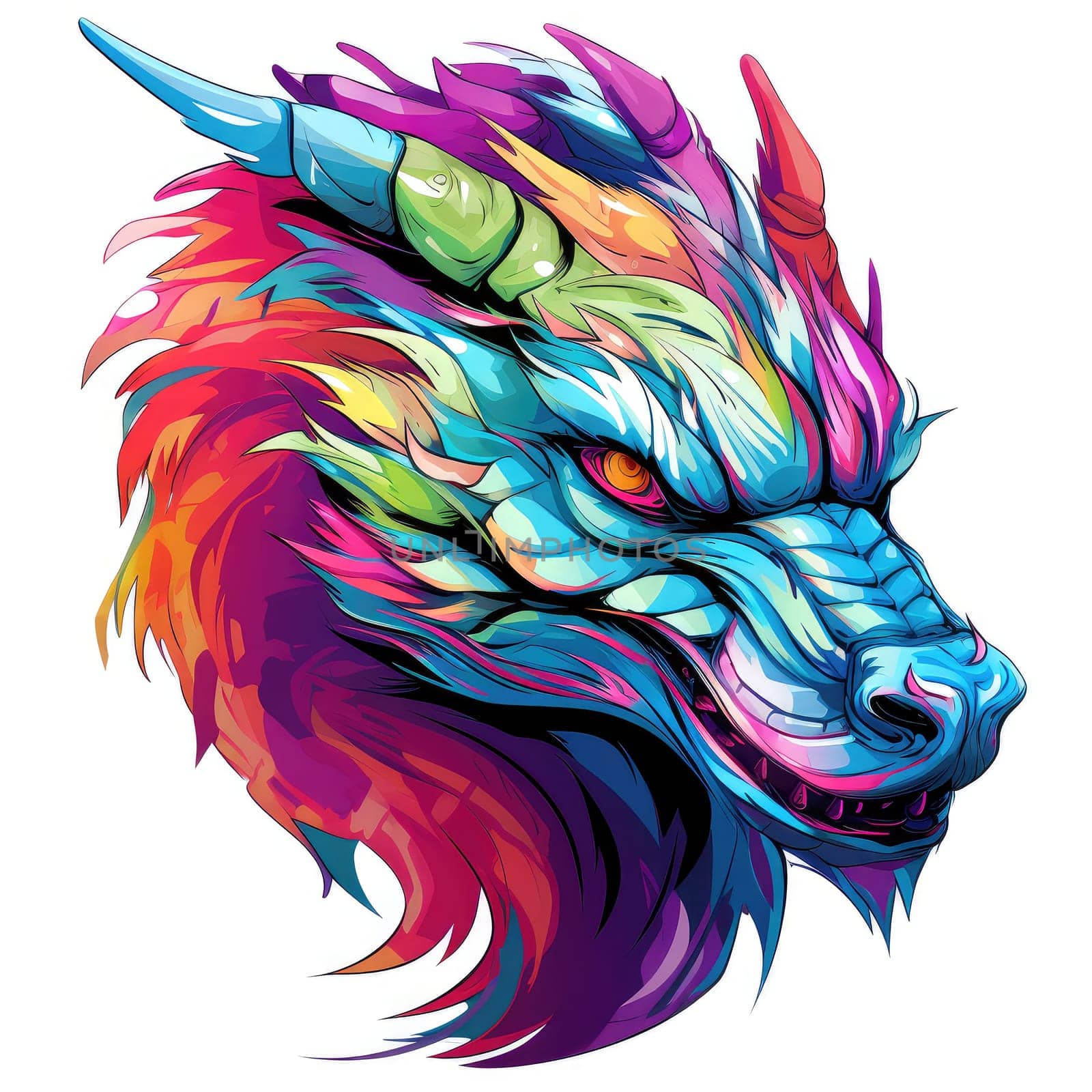 A psychedelic pop art style dragon portrait isolated on white. Graphic Design Element. Template for sticker, poster, t-shirt print, etc.