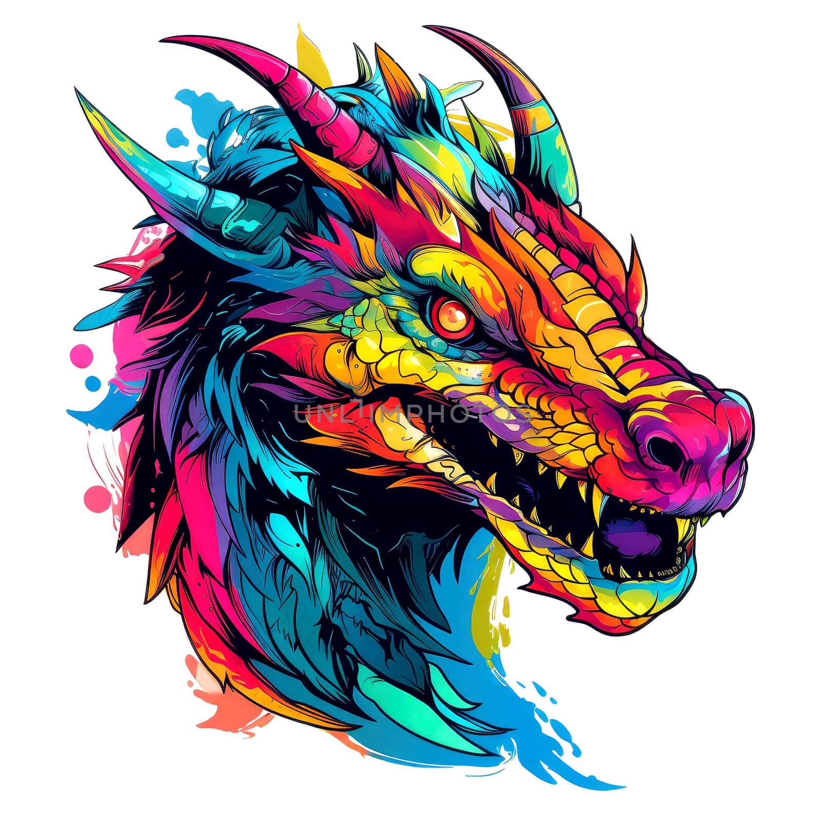 A psychedelic pop art style dragon portrait isolated on white. Graphic Design Element. Template for sticker, poster, t-shirt print, etc.