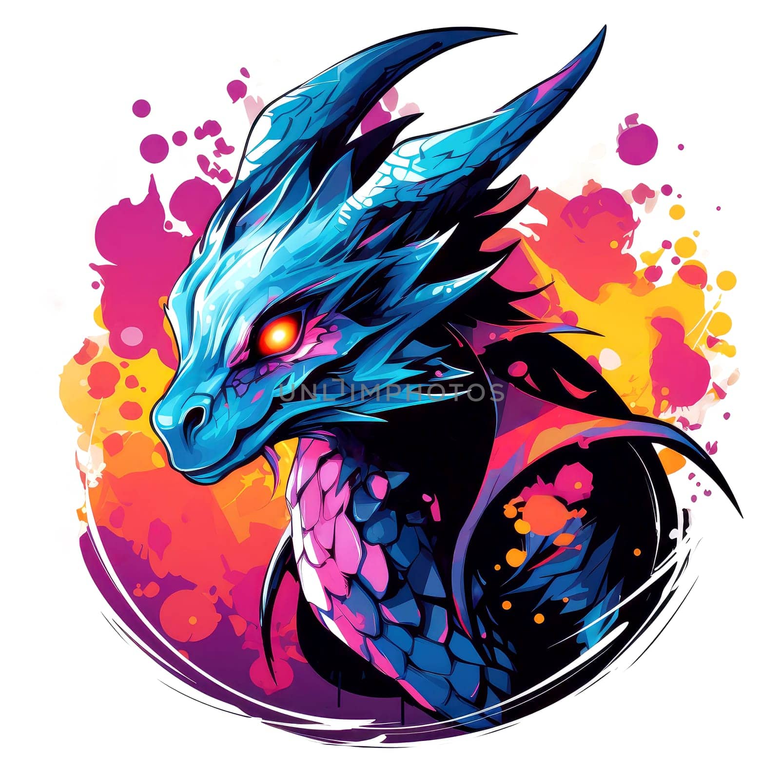 A psychedelic pop art style dragon portrait isolated on white. Graphic Design Element. Template for sticker, poster, t-shirt print, etc.