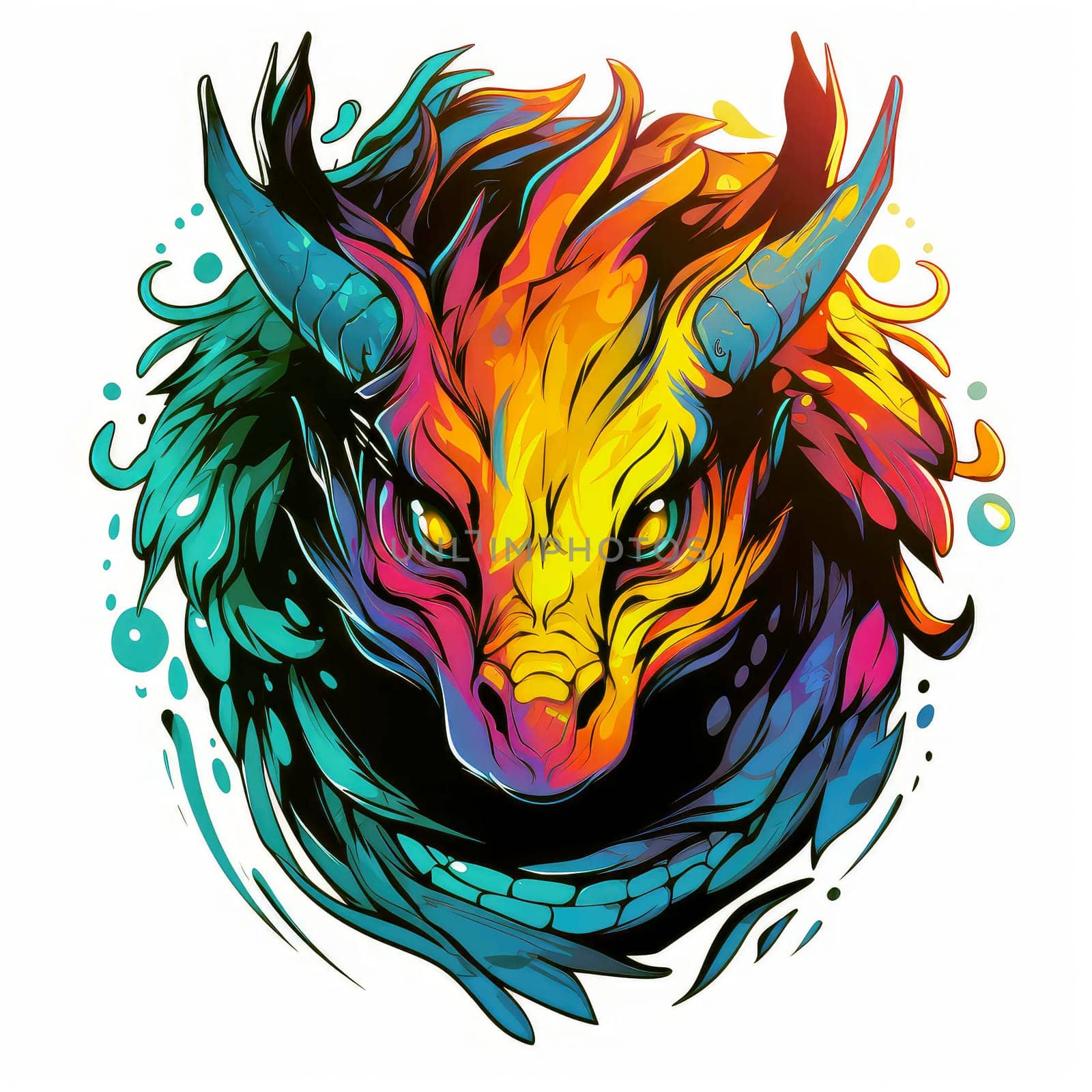A psychedelic pop art style dragon portrait isolated on white. Graphic Design Element. Template for sticker, poster, t-shirt print, etc.
