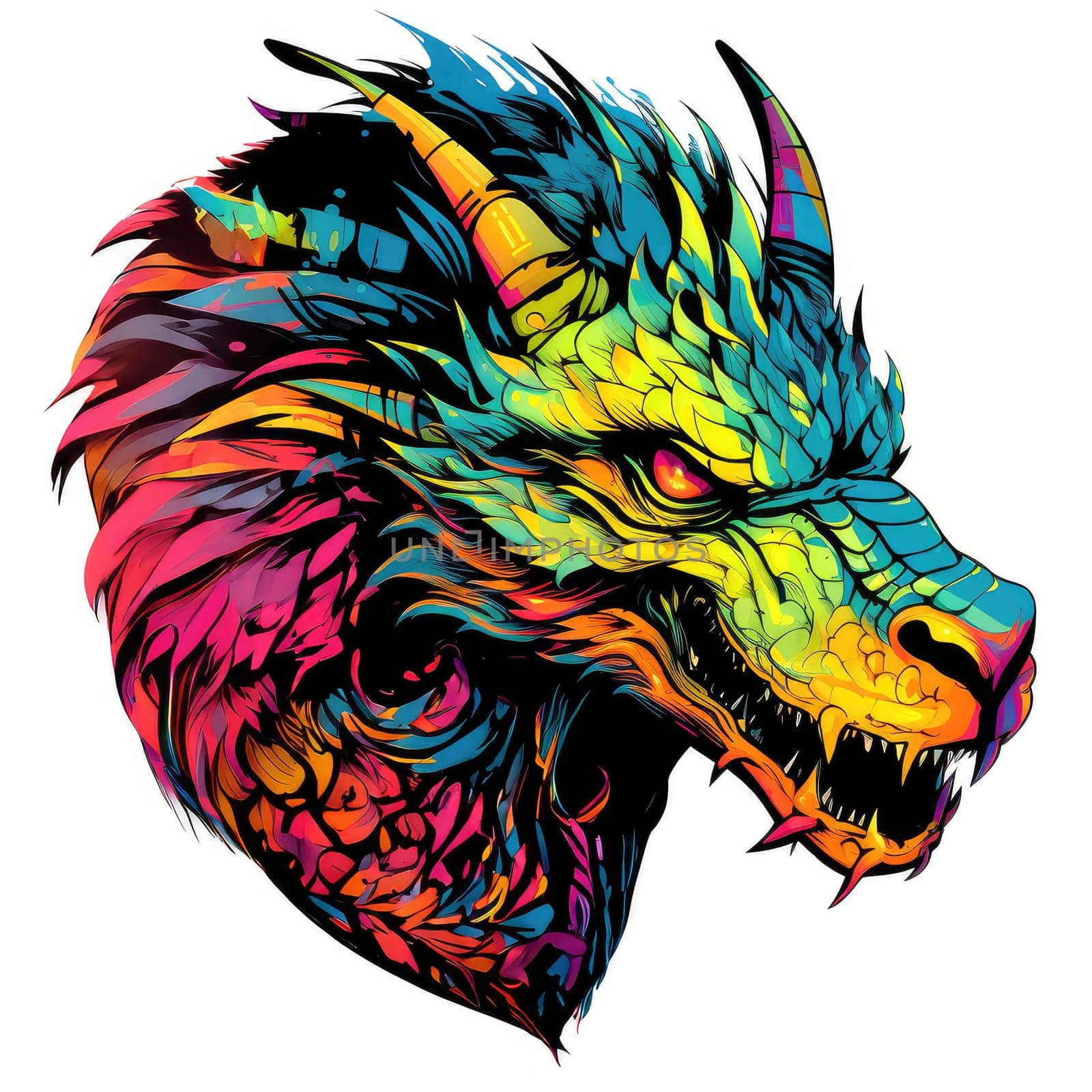 A psychedelic pop art style dragon portrait isolated on white. Graphic Design Element. Template for sticker, poster, t-shirt print, etc.