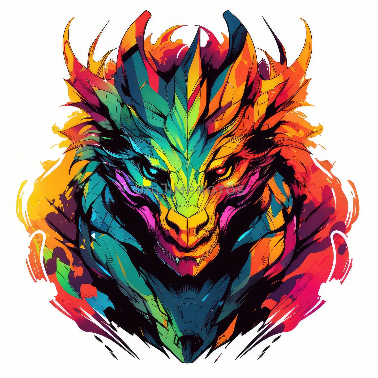 A psychedelic pop art style dragon portrait isolated on white. Graphic Design Element. Template for sticker, poster, t-shirt print, etc.