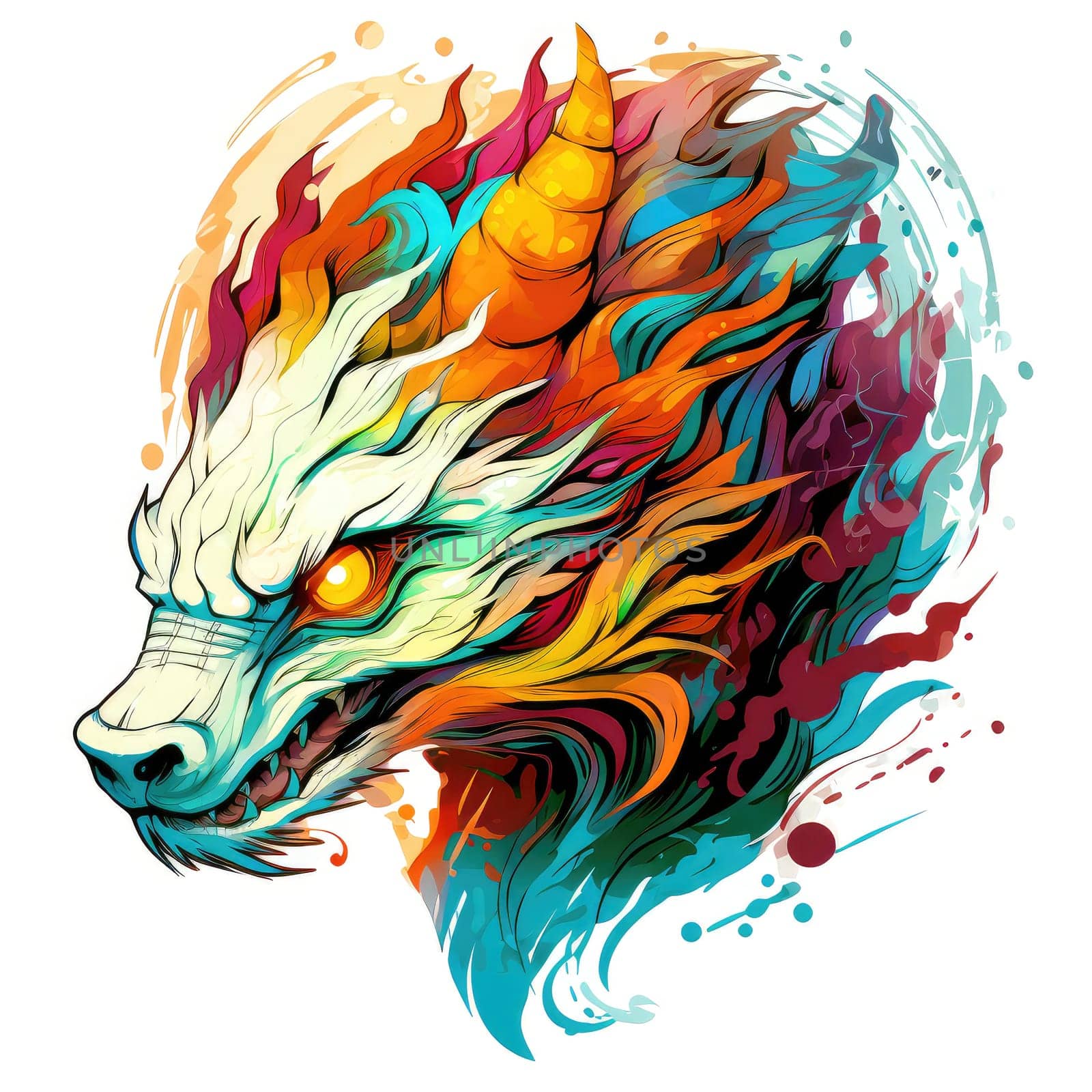 A psychedelic pop art style dragon portrait isolated on white. Graphic Design Element. Template for sticker, poster, t-shirt print, etc.
