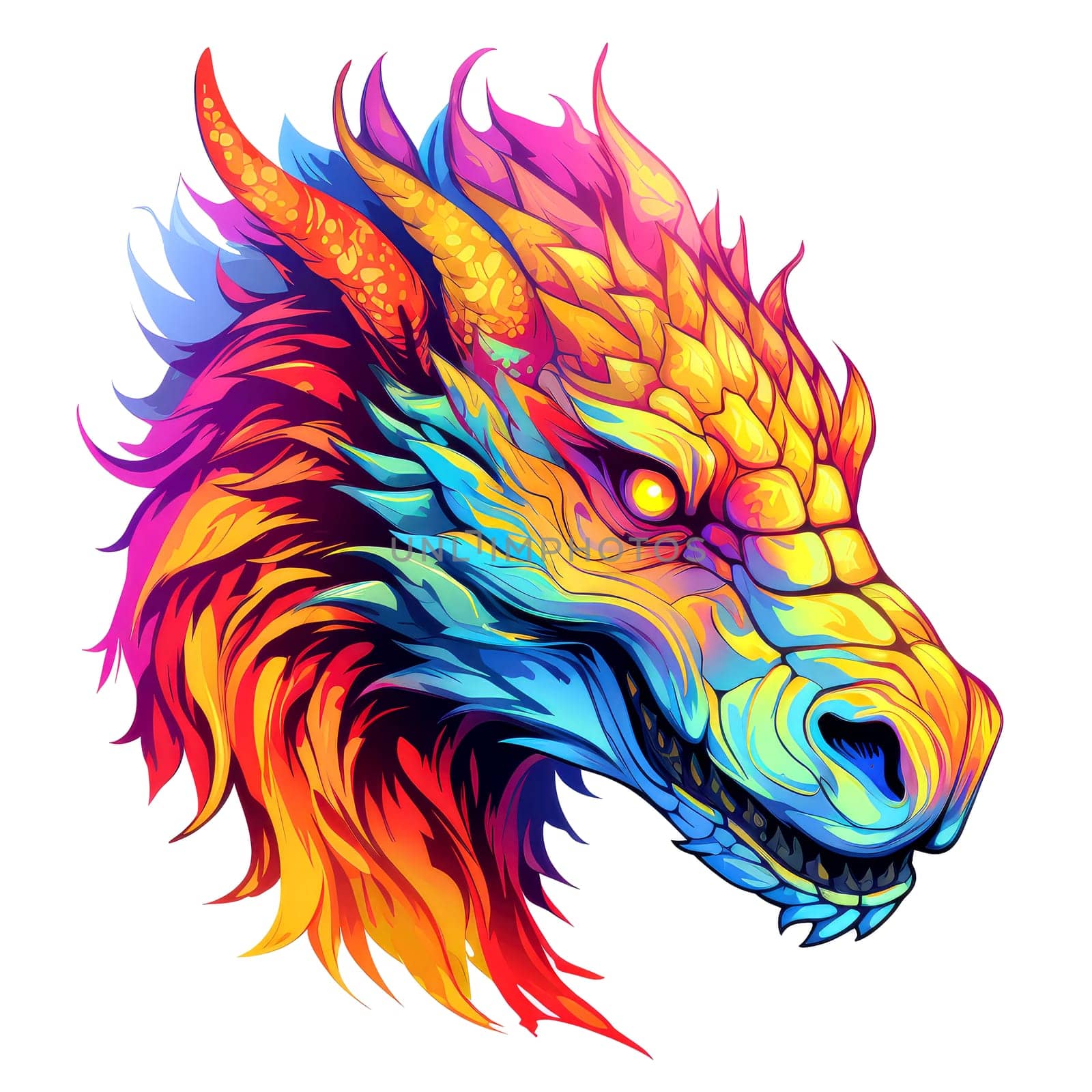 A psychedelic pop art style dragon portrait isolated on white. Graphic Design Element. Template for sticker, poster, t-shirt print, etc.