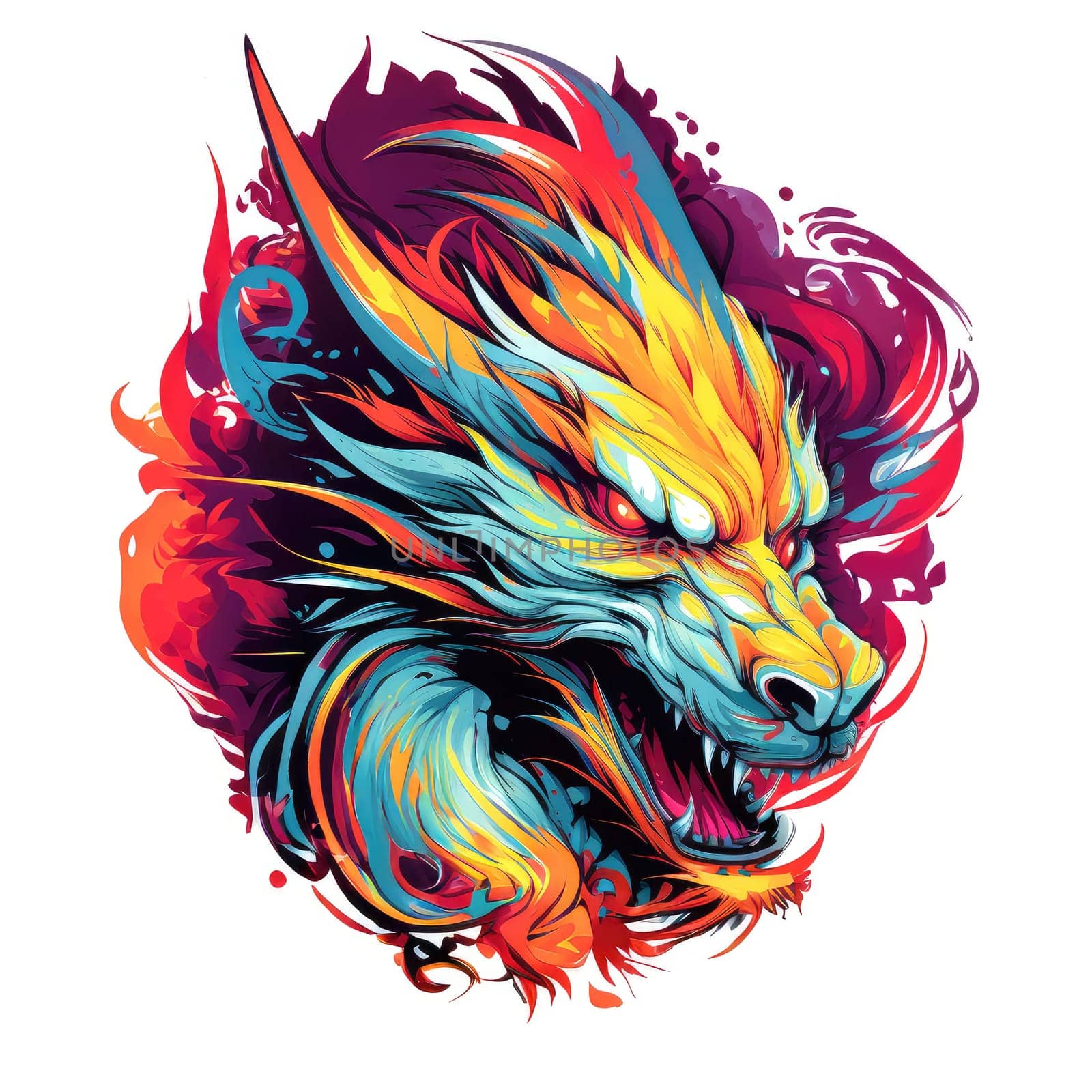 A psychedelic pop art style dragon portrait isolated on white. Graphic Design Element. Template for sticker, poster, t-shirt print, etc.
