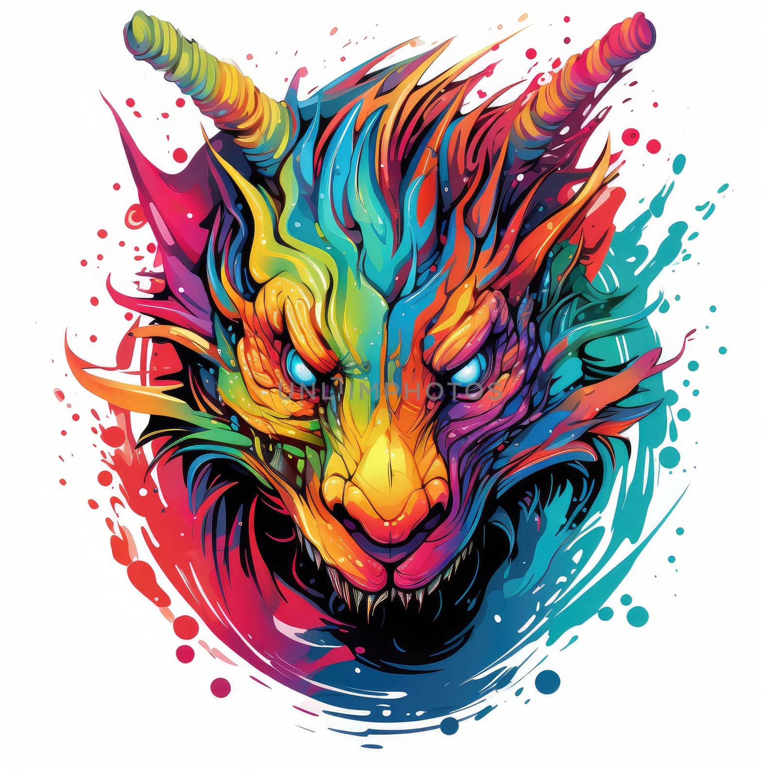 A psychedelic pop art style dragon portrait isolated on white. Graphic Design Element. Template for sticker, poster, t-shirt print, etc.