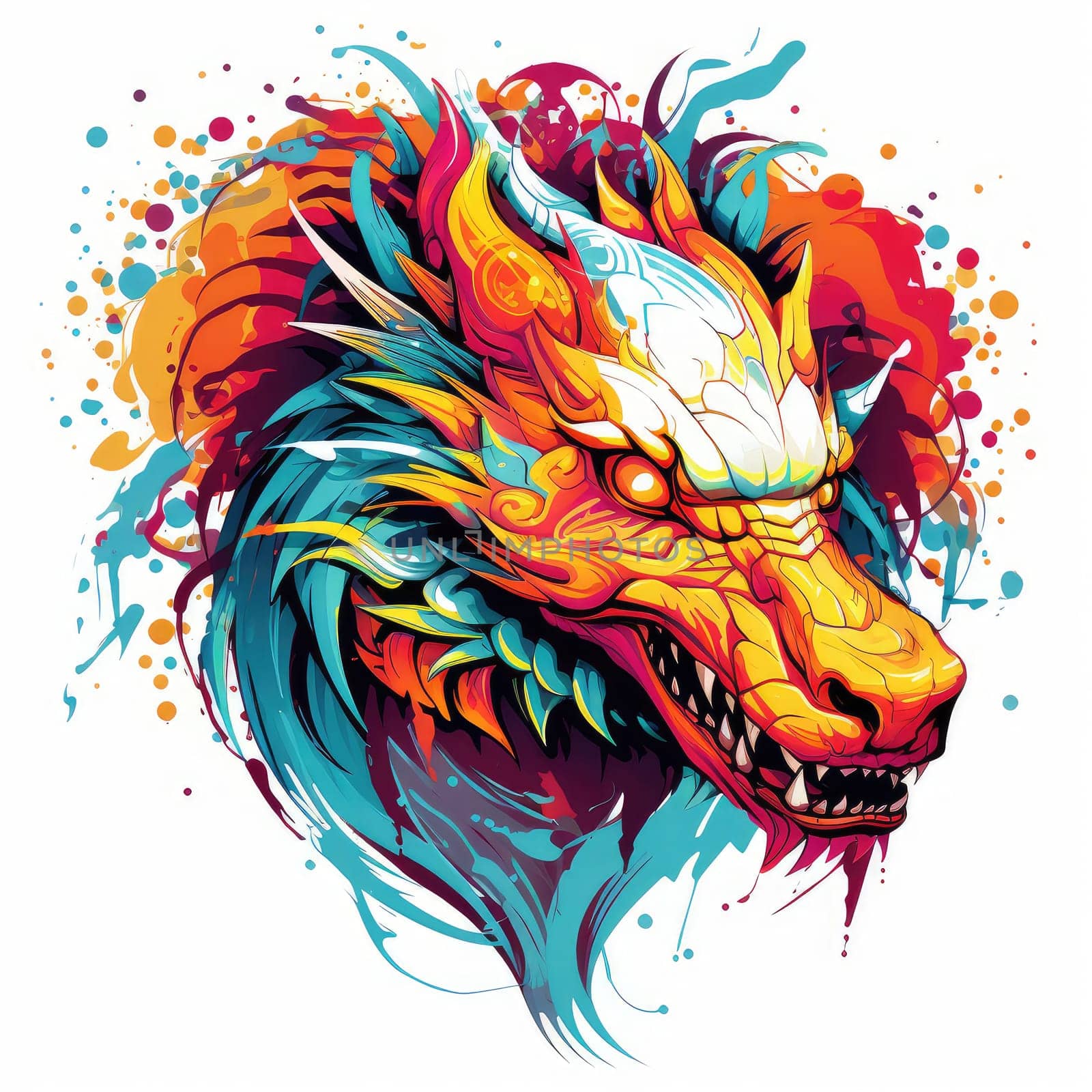 A psychedelic pop art style dragon portrait isolated on white. Graphic Design Element. Template for sticker, poster, t-shirt print, etc.