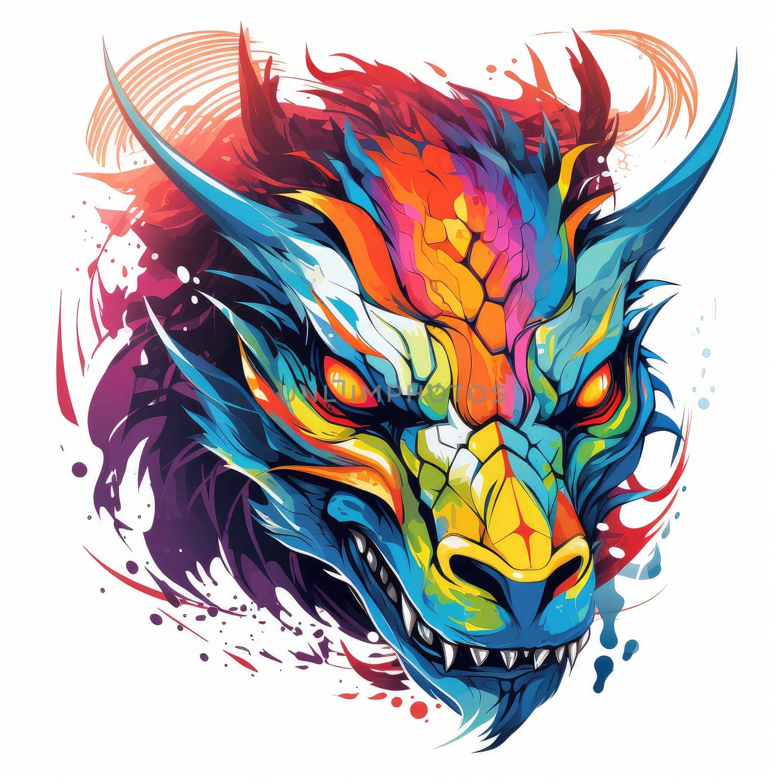 A psychedelic pop art style dragon portrait isolated on white. Graphic Design Element. Template for sticker, poster, t-shirt print, etc.