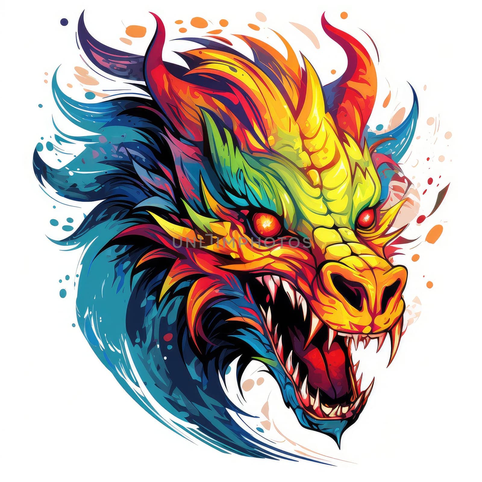 A psychedelic pop art style dragon portrait isolated on white. Graphic Design Element. Template for sticker, poster, t-shirt print, etc.