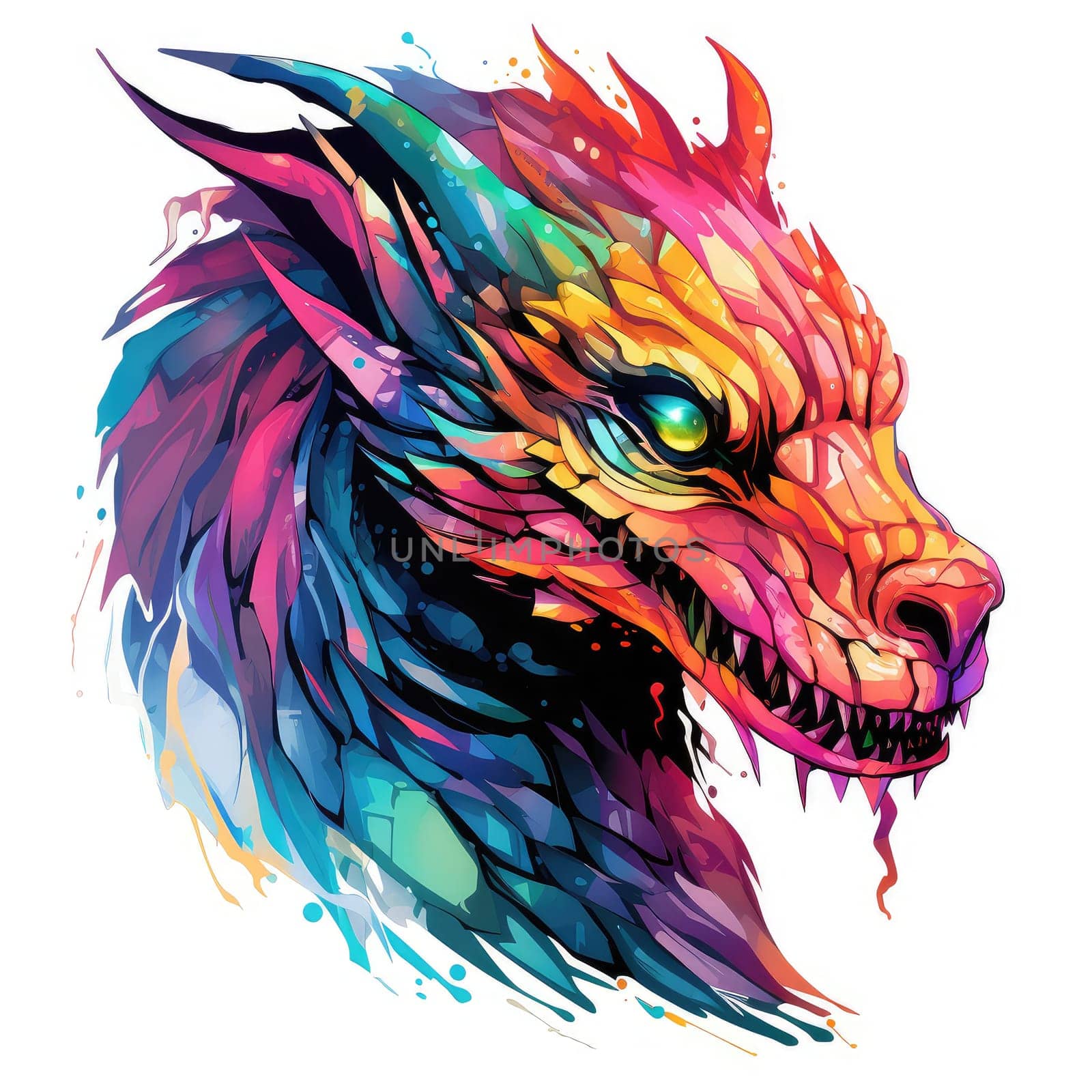 A psychedelic pop art style dragon portrait isolated on white. Graphic Design Element. Template for sticker, poster, t-shirt print, etc.