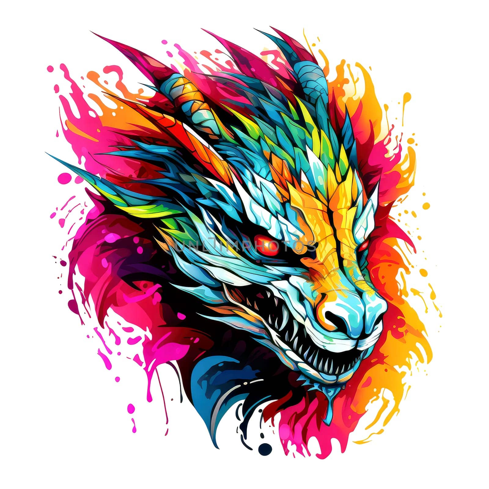 A psychedelic pop art style dragon portrait isolated on white. Graphic Design Element. Template for sticker, poster, t-shirt print, etc.
