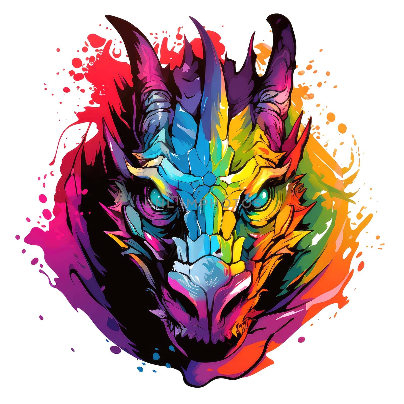 A psychedelic pop art style dragon portrait isolated on white. Graphic Design Element. Template for sticker, poster, t-shirt print, etc.