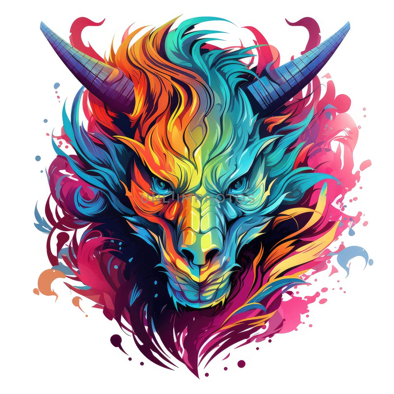 A psychedelic pop art style dragon portrait isolated on white. Graphic Design Element. Template for sticker, poster, t-shirt print, etc.