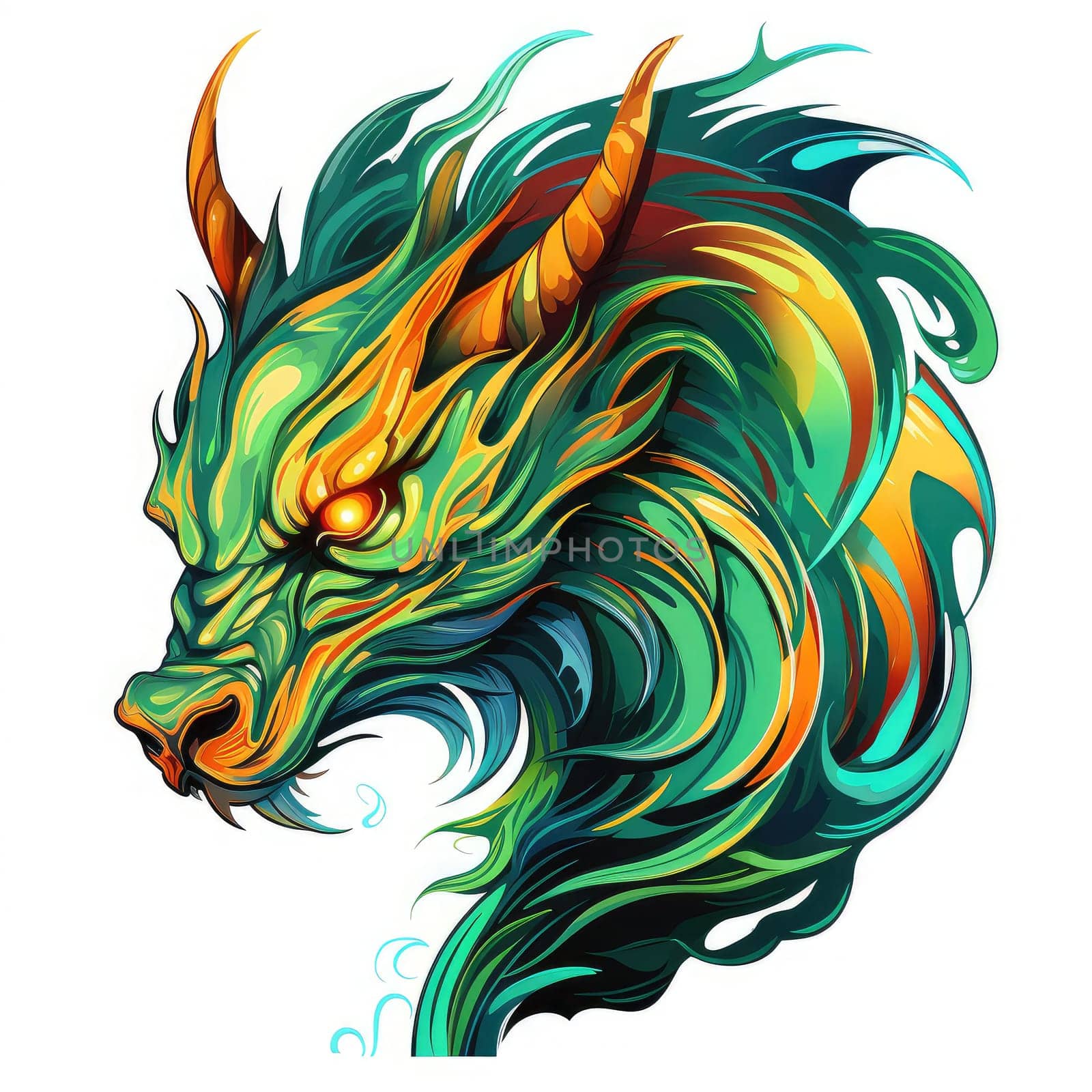 A psychedelic pop art style dragon portrait isolated on white. Graphic Design Element. Template for sticker, poster, t-shirt print, etc.