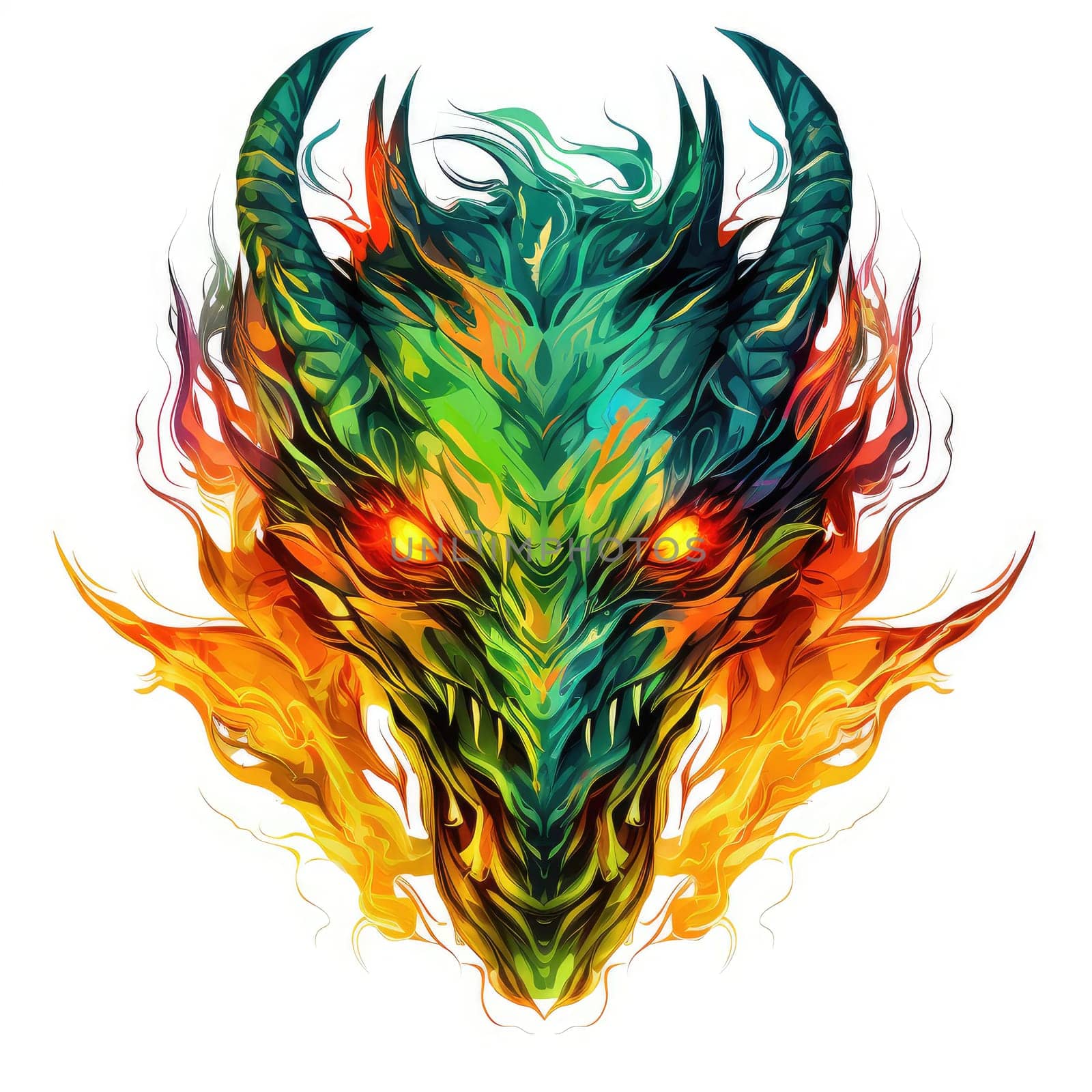 A psychedelic pop art style dragon portrait isolated on white. Graphic Design Element. Template for sticker, poster, t-shirt print, etc.