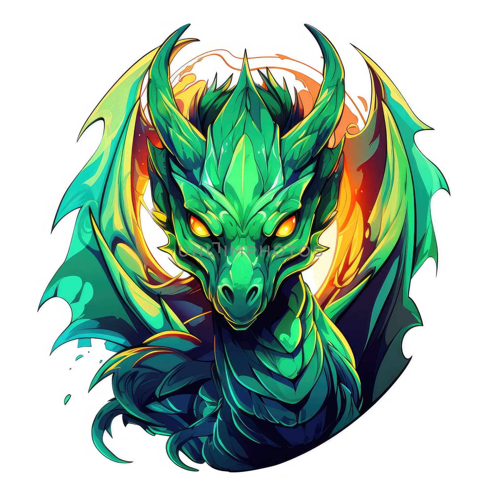 A psychedelic pop art style dragon portrait isolated on white. Graphic Design Element. Template for sticker, poster, t-shirt print, etc.