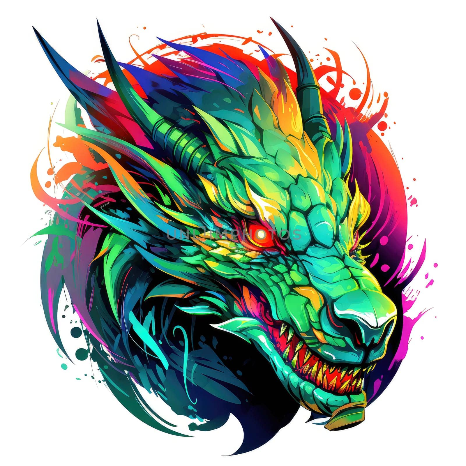 A psychedelic pop art style dragon portrait isolated on white. Graphic Design Element. Template for sticker, poster, t-shirt print, etc.